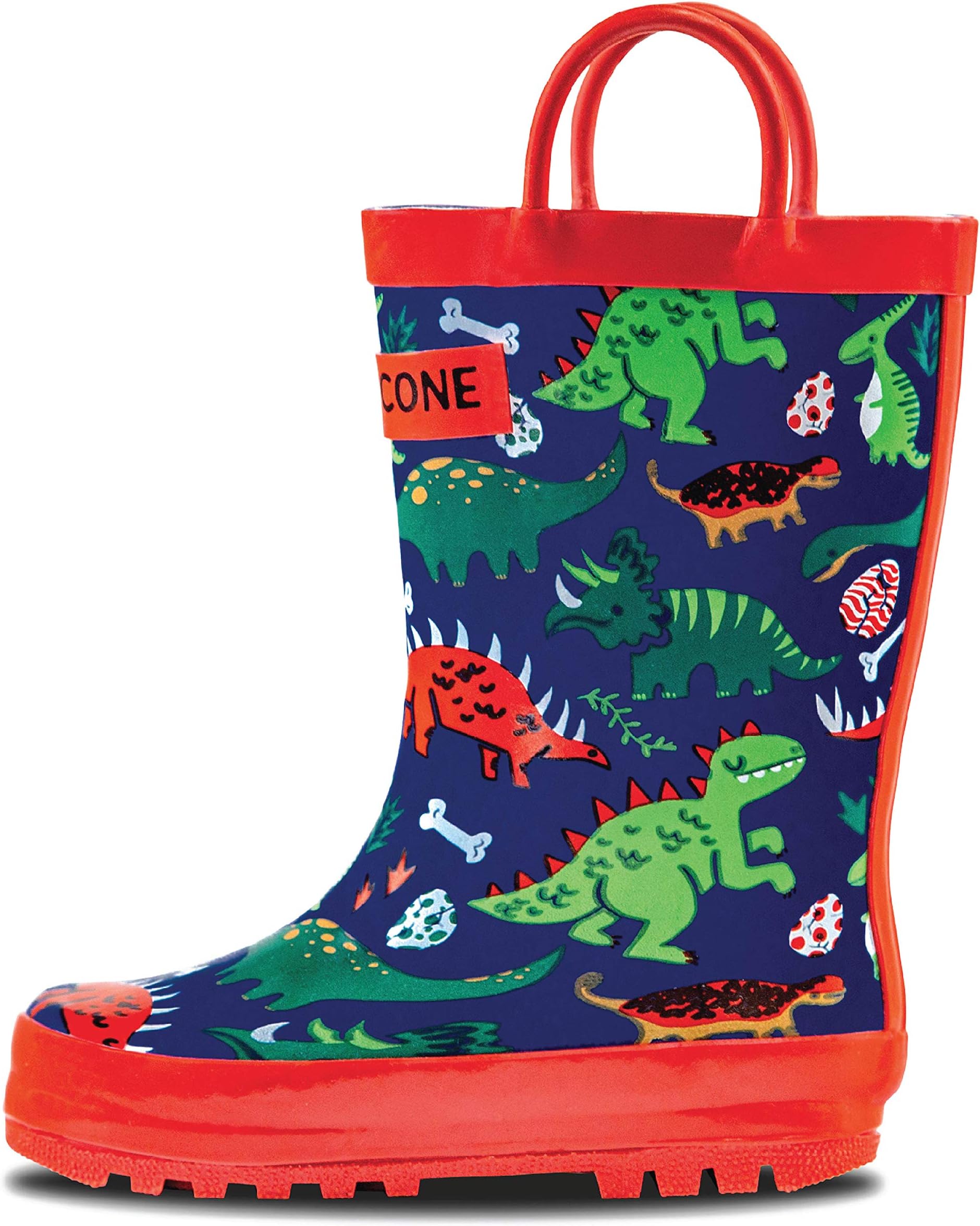 LONECONERain Boots with Easy-On Handles in Fun Patterns for Toddlers and Kids, Puddle-a-Saurus Dinosaur, 5 Toddler