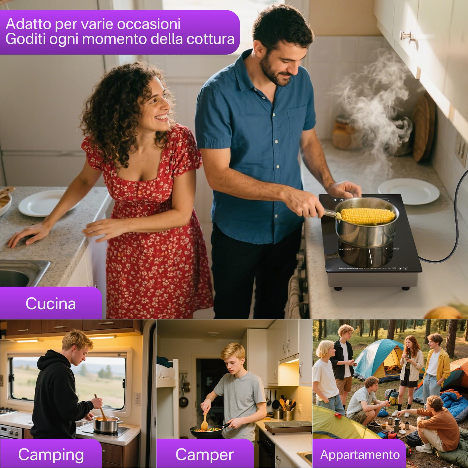 Piano Cottura a Induzione Doppio, 3500W Cucina Elettrica Portatile 2 Zone 2000W+1500W, 8 Livelli di Potenza, Timer, Blocco Bambini, Da Incasso o Da Appoggio 220-240V