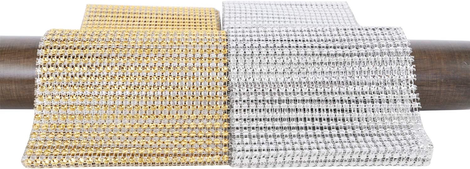 ITIsparkle Diamond Glitter Rhinestone Mesh Ribbon 1 Pcs Silver 120mm Width x 2Yds, 24 Row & 1 Pcs Gold 120mm Width x 2Yds, 24 Row