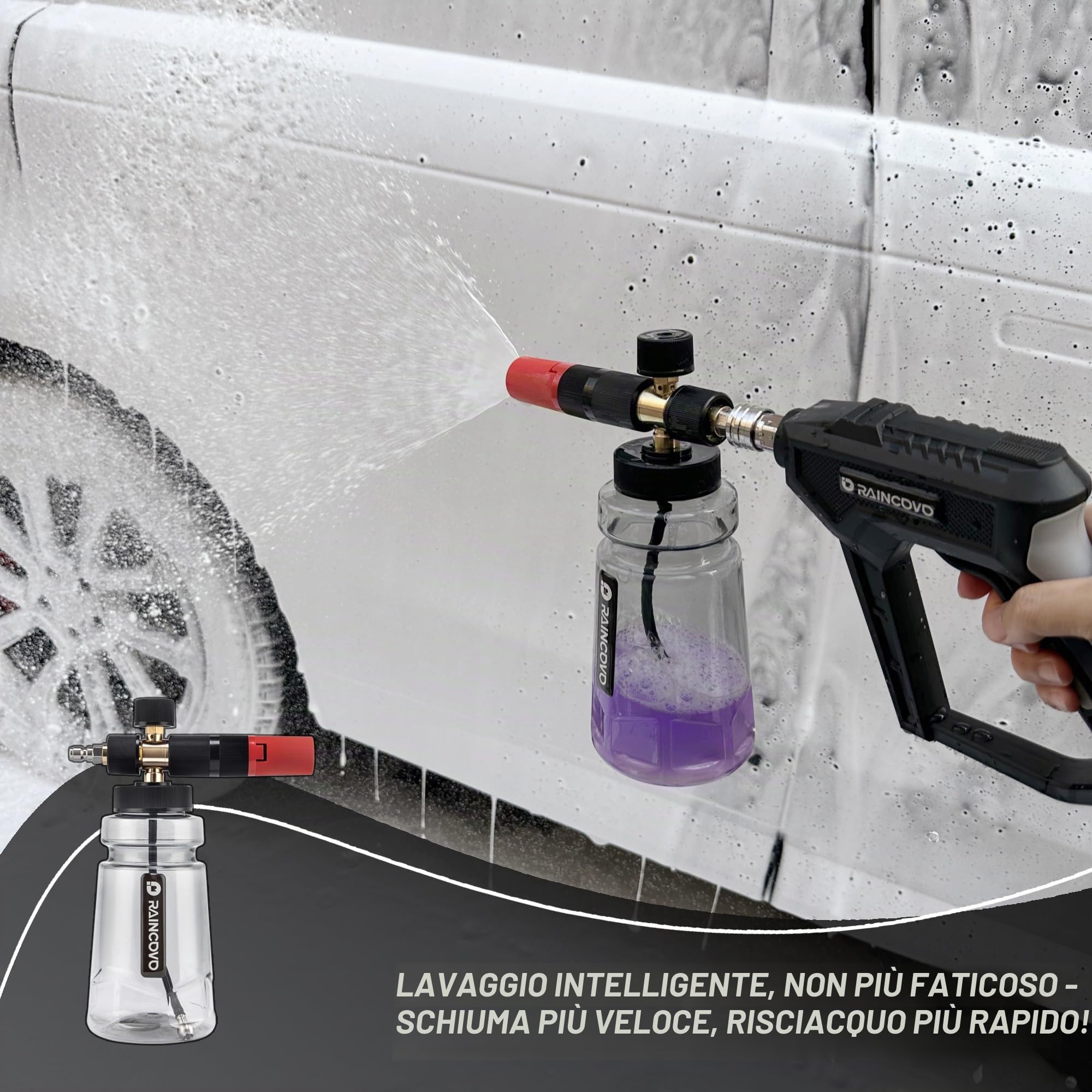 Raincovo Cannone a schiuma a bocca larga per idropulitrice, lancia spessa per lavaggio auto, cannone per sapone regolabile con connettore rapido da 1/4", ugello orifizio aggiuntivo da 1,1 mm