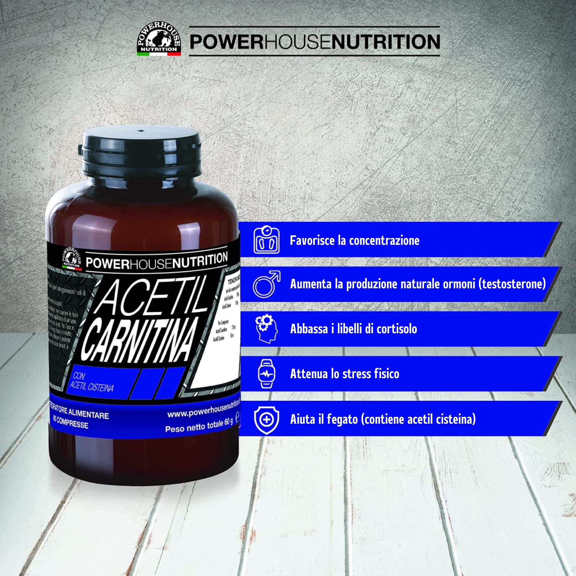 ACETIL CARNITINA 1500mg - Alto Dosaggio - 2 Mesi Fornitura - Powerhouse Nutrition, Acetil L-Carnitina e Cisteina - Favorisce Aumento Massa, Attenua Stress Fisico, 60 compresse