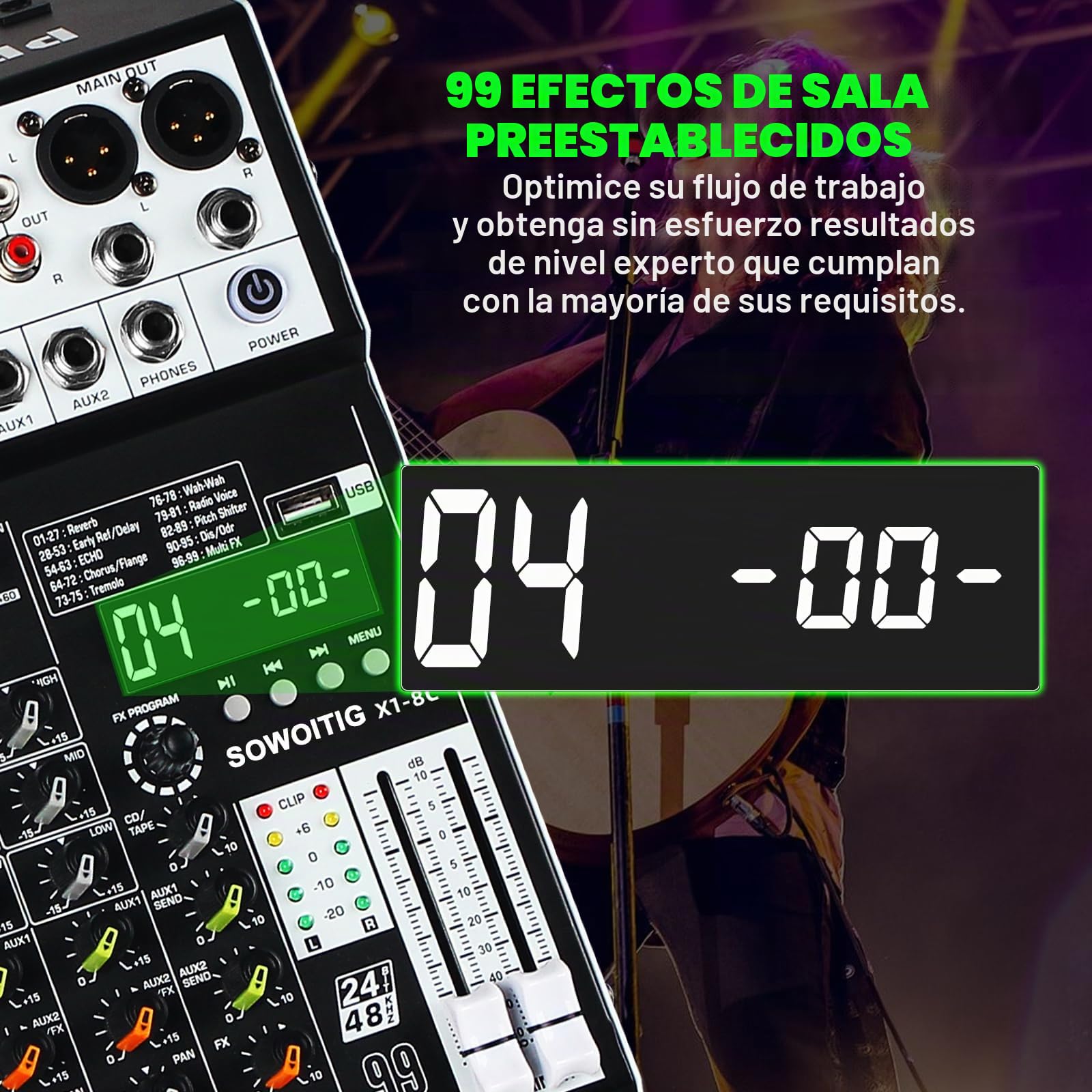 Consola mezcladora de audio de 8 canales con 99 efectos DSP, mezclador digital para DJ, mezclador profesional con USB, Bluetooth, alimentación fantasma de 48 V
