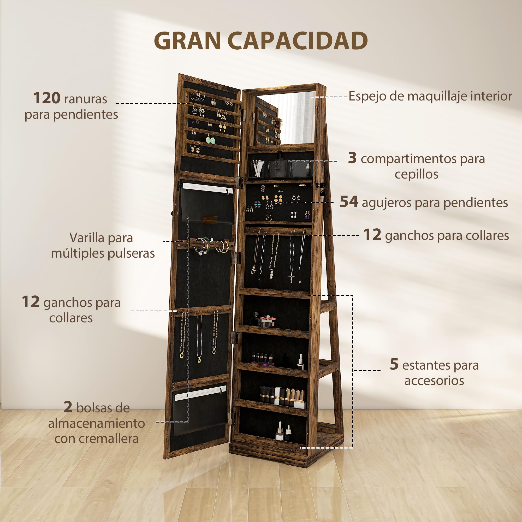 HOMCOM Espejo Joyero de Pie Giratorio 360° con Cerradura, Marrón Rústico