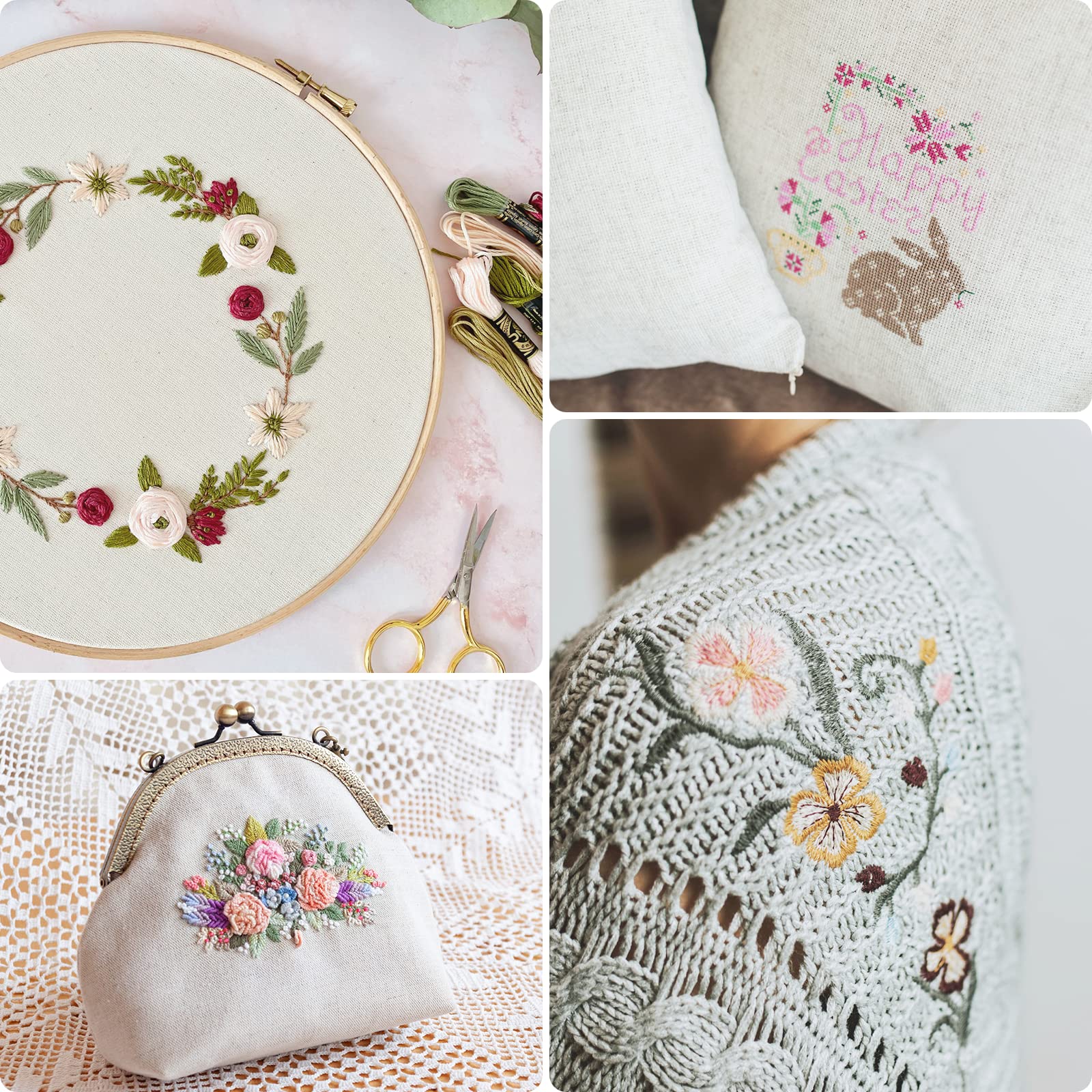 Noa Home Deco Kit Ricamo Kit Ricamo Principianti con 100 Fili Colorati 5 Pezzi di Cerchi di Bambù 3 Pezzi di Tessuto per Adulti Bambini Principianti