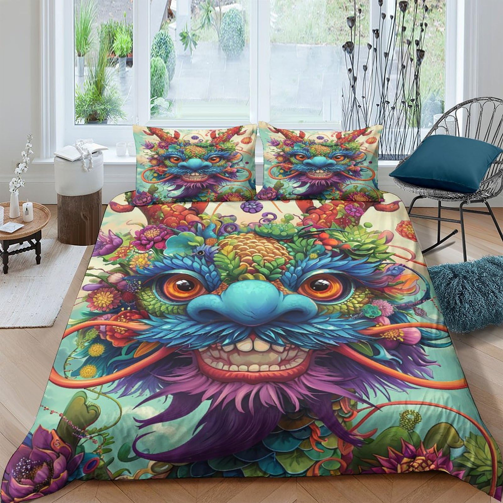 Stampato in 3D Loong cinese Copertina Stampata Microfibra Disegnata Biancheria Da Letto Con Chiusura A Cerniera Set 3 Pezzi,Double（200x200cm）, Per Ragazzi Adulti