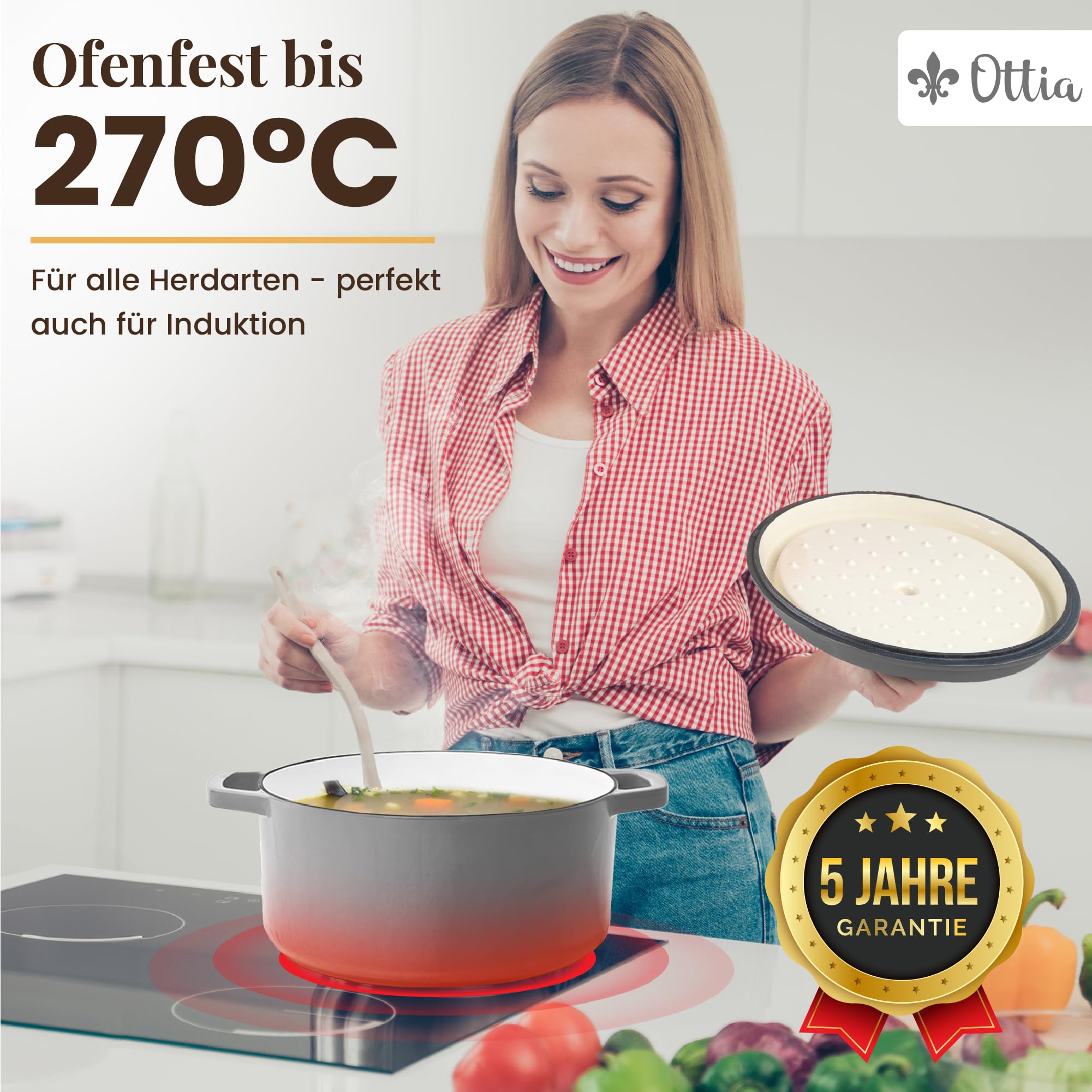 Ottia Cocotte en fonte, 26 cm, 5 litres, émail de qualité supérieure, cocotte avec couvercle, tous types de feux (y compris induction), passe au four