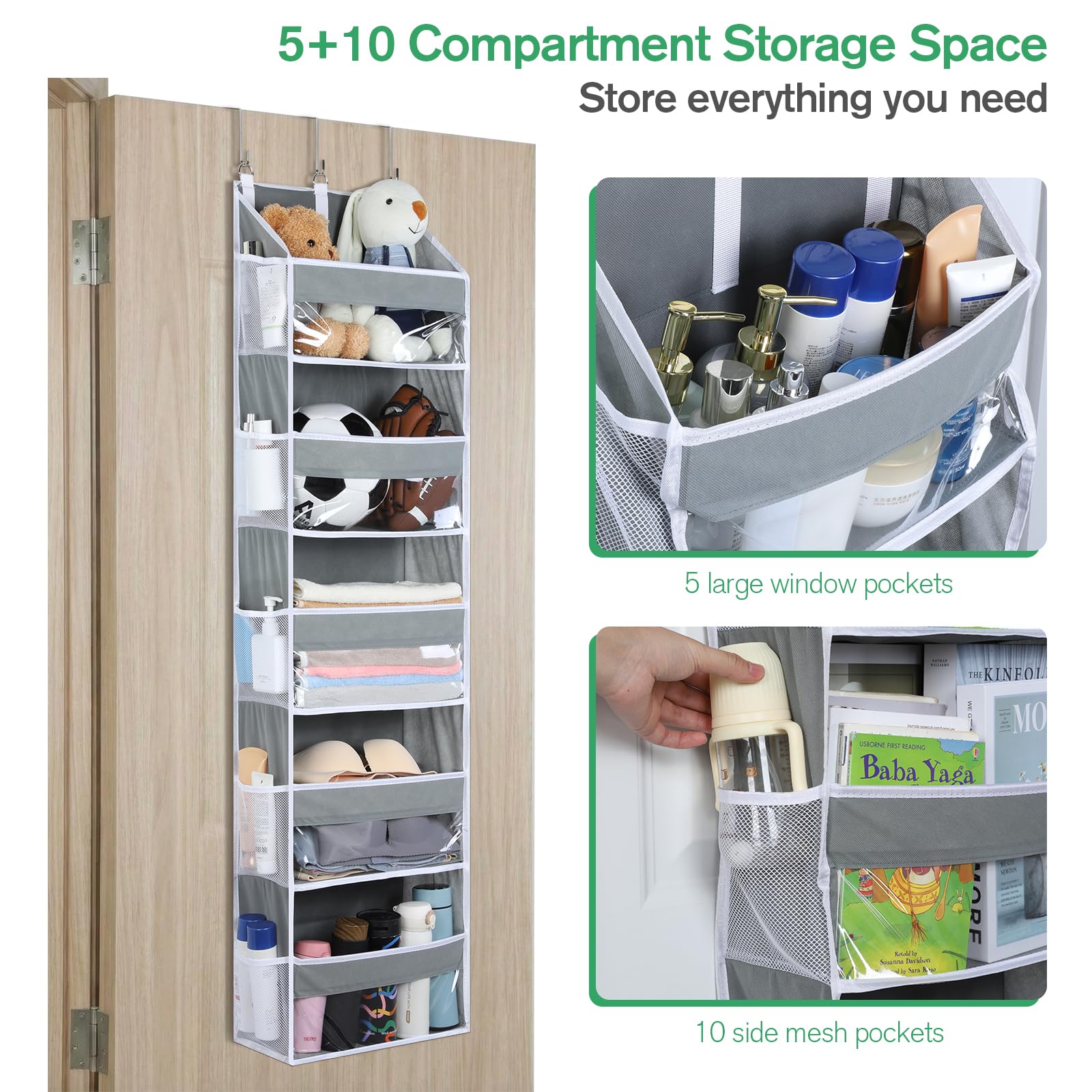 OTraki Wiszący organizer do szafy, 140 x 39 x 17 cm, 5 półek, przezroczyste okienko, z 10 kieszeniami bocznymi z siateczki, z metalowymi haczykami, do łazienki, sypialni, kuchni