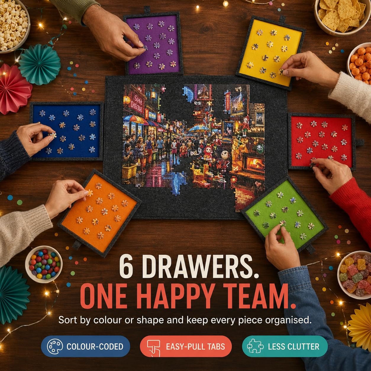 Deska do puzzli, 1000 elementów, składana, z 6 kolorowymi szufladami, nachylony stół puzzli ze stojakiem i pokrywą, filcowa płyta puzzli, 77 x 52 cm, lekkie akcesoria do domu i w czasie wolnym