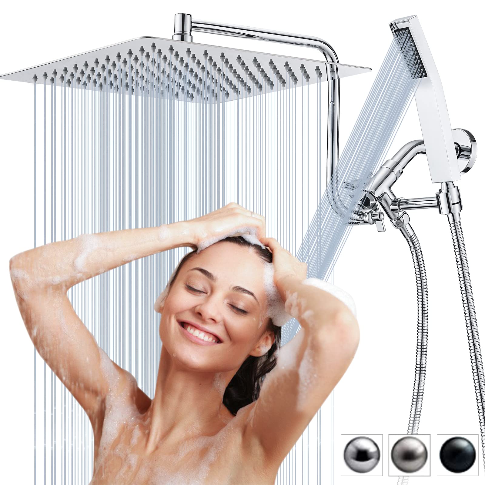 PDPBath All Metal Shower head with Handheld Combo, High Pressure 10" Rainfall Shower Head with Upgrade Adjustable Extension Arm, Shower Wand with 70" Extra Long Shower Hose, 3-Way Diverter-Chrome