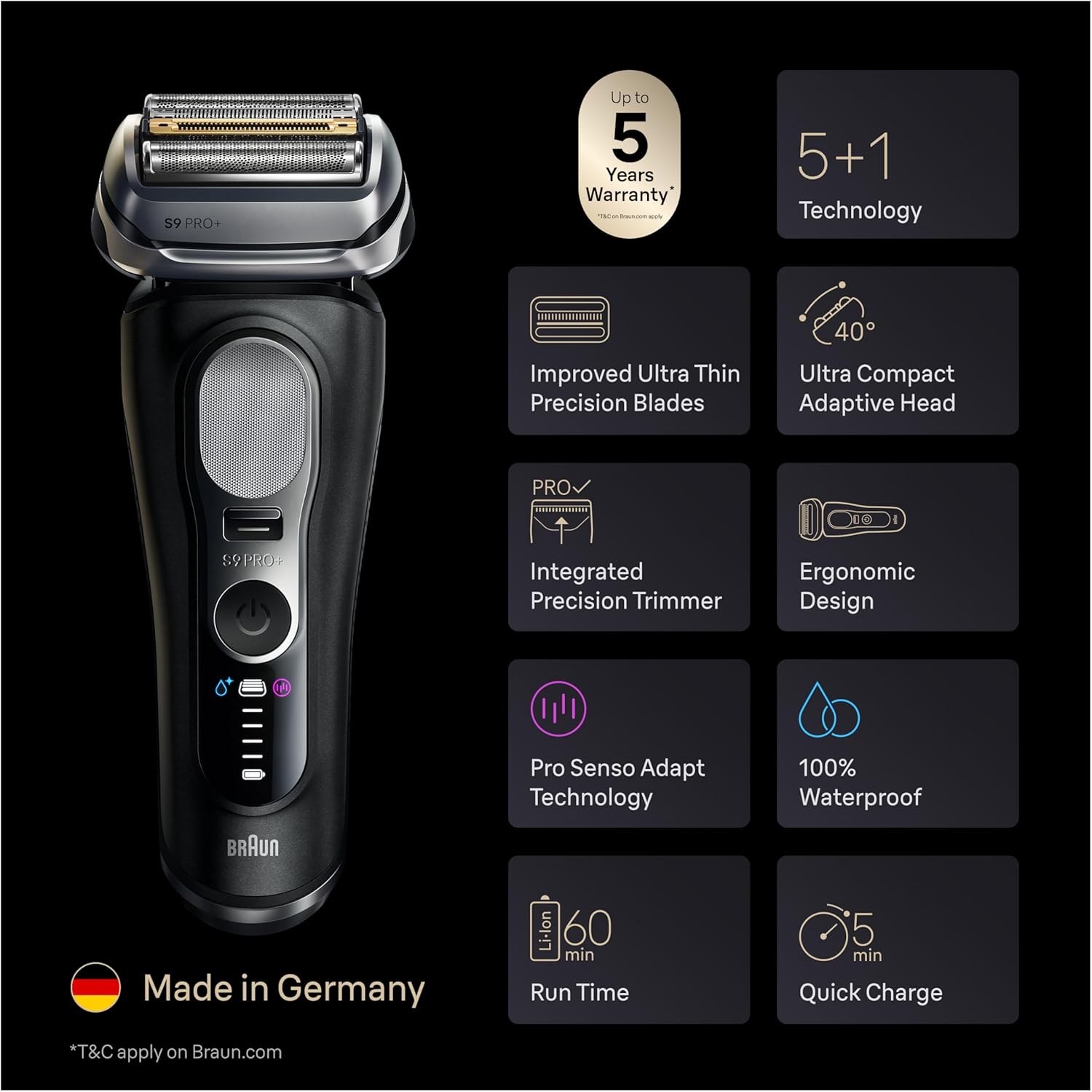 Braun Series 9 PRO+ Electric Shaver, Pro SensoAdapt, 6in1 SmartCare Center, Wet & Dry Razor, 9660CCPS, Black - Image 2