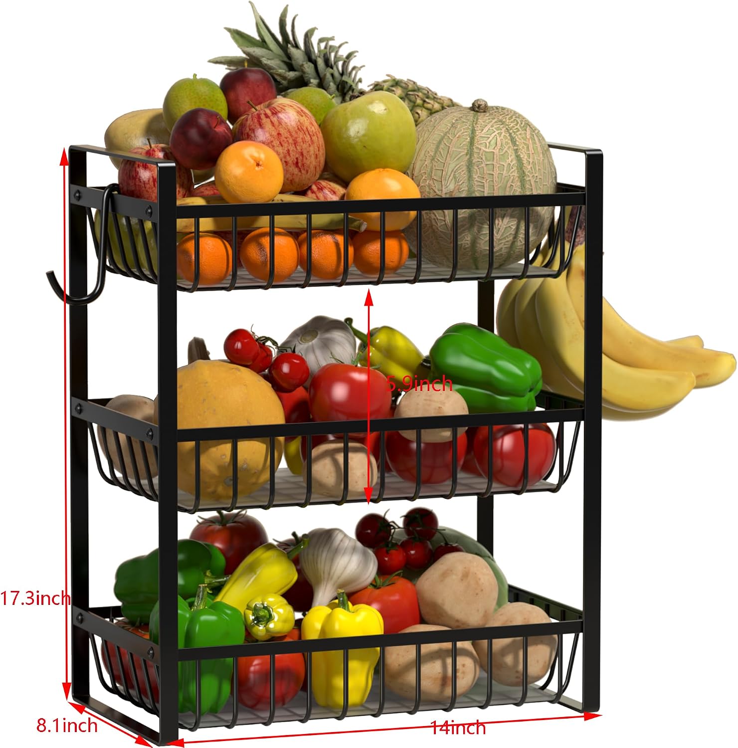 Fruit Basket for Kitchen Counter,Fruit Bowl,Countertop Organizer for Onion Bread and Snack Storage,Heavy Duty Metal Fruit Stand Holder with Liners (3 Tier)