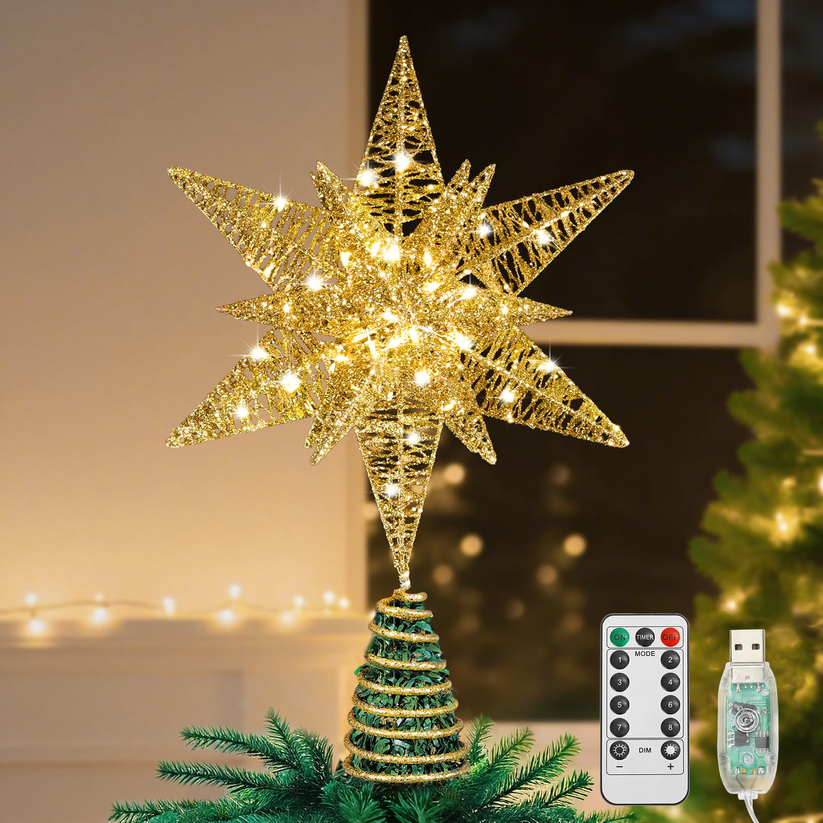 Lewondr I-Gold Christmas Star Tree Topper, Usb Powered Remote Controlled 11 Inch Multilayer Hexagonal Tree Toppers Christmas Decor With 8 Light Modes For Home Holiday Xmas, Timer Function, Gold