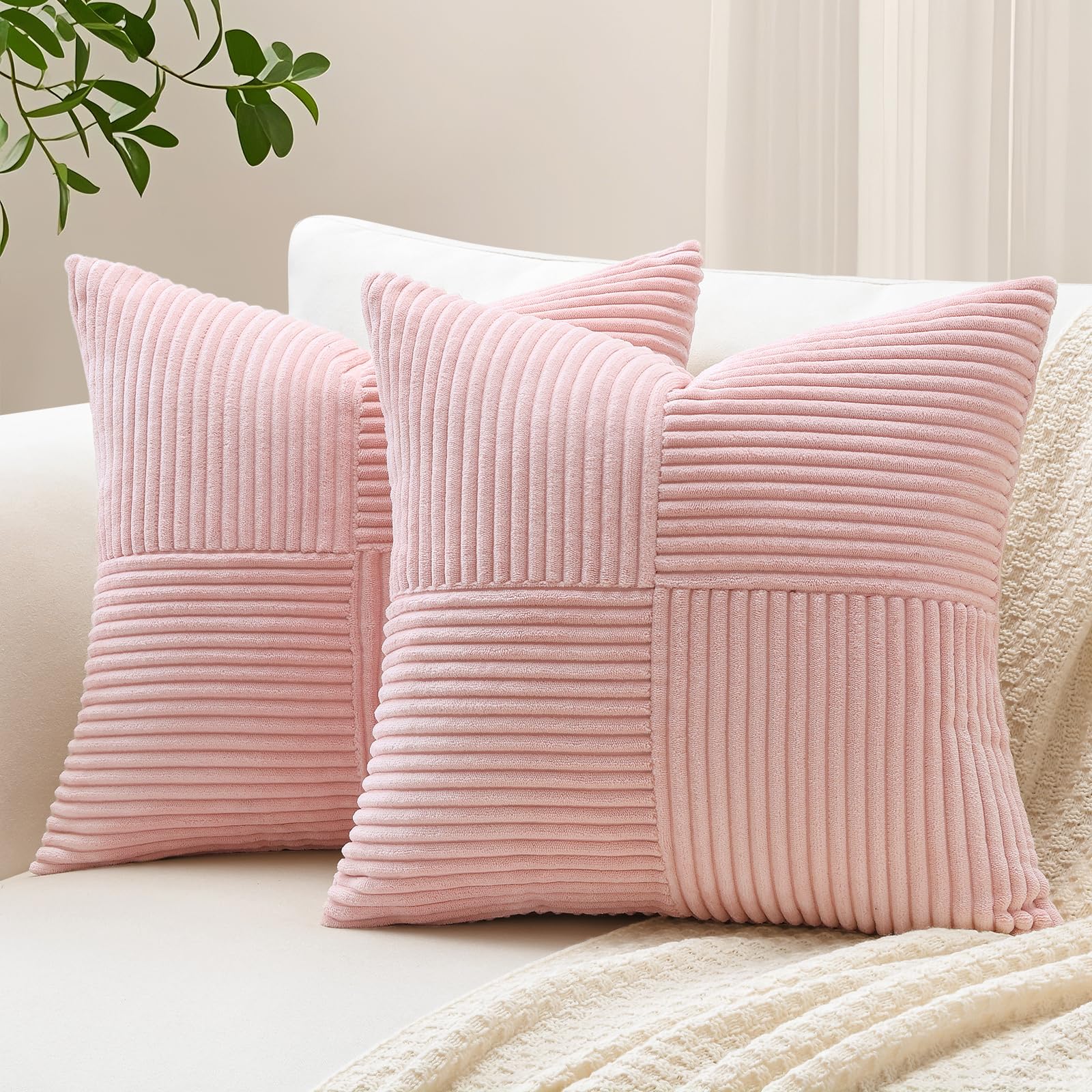 Sungeek Set of 2 Decorative Cushion Covers 45 x 45cm Soft Corduroy Striped Cross Patchwork Textured Pillow Covers Solid Square Throw Pillow Cases for Sofa Bed Patio 18x18 Inch, Pink