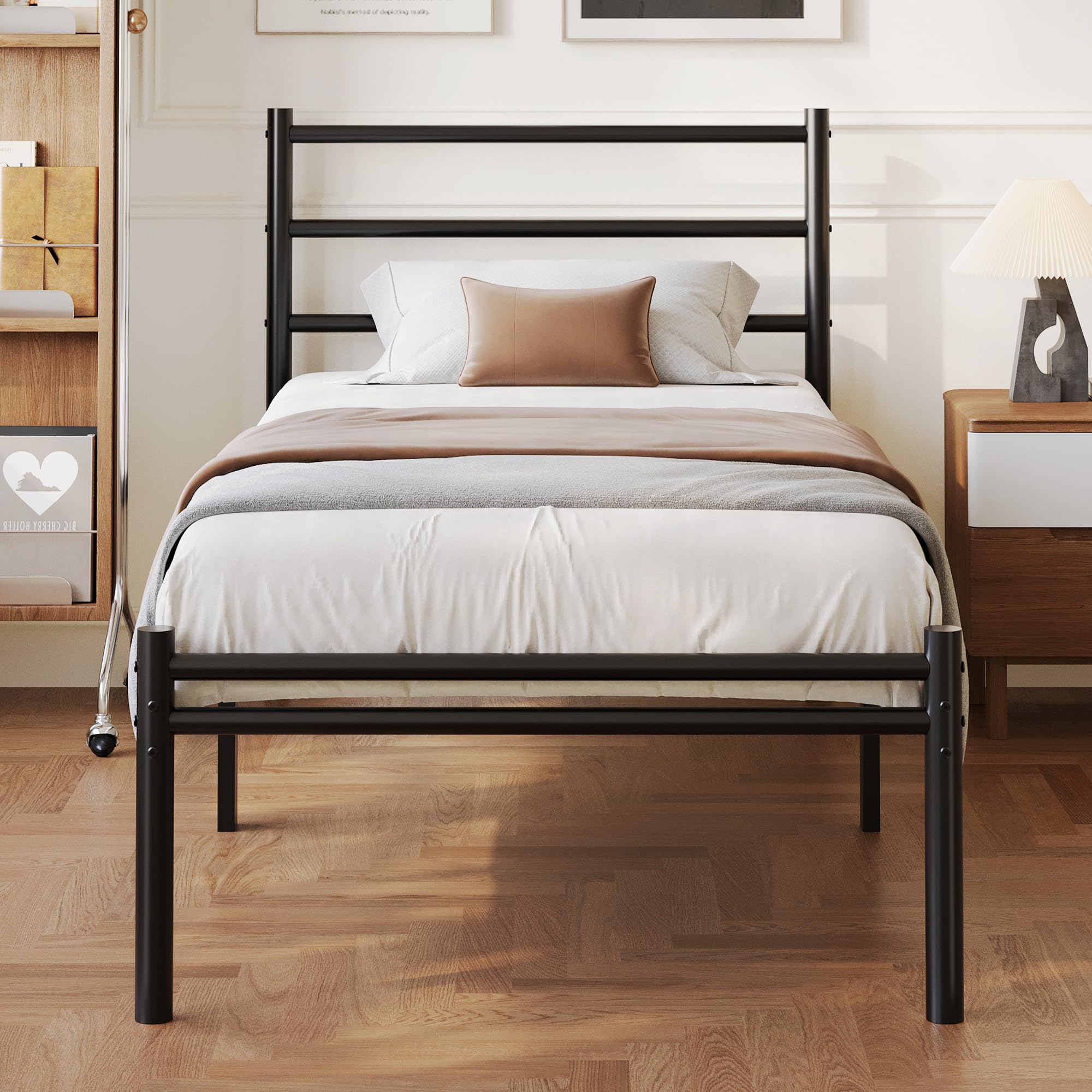 Yicensen Single Bed Frame with Headboard and Footboard, 3ft Metal Platform Bed Frame with Steel Slat Support, No Box Spring Needed, Noise Free, Easy Assembly, 36 cm High, Black