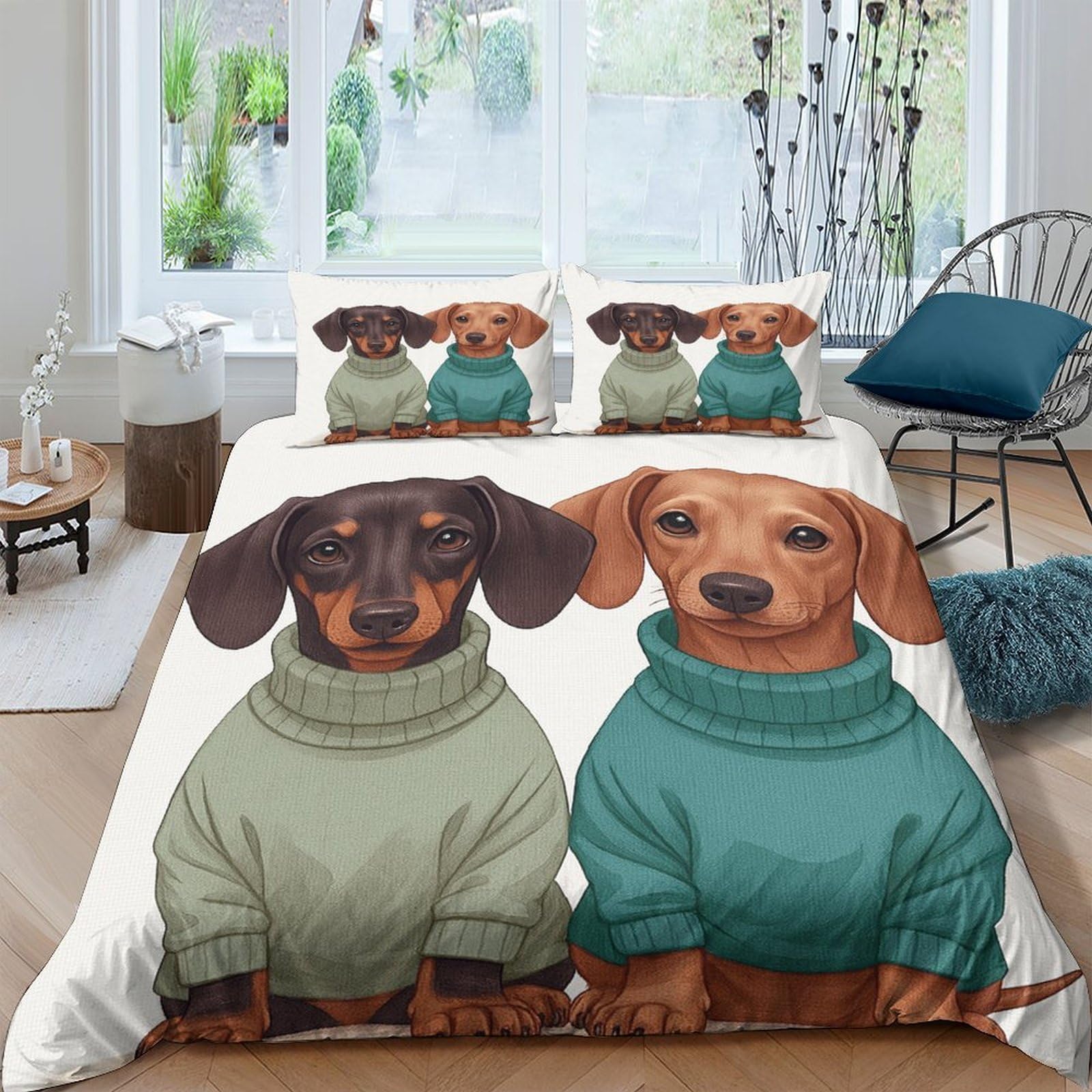 TUFRTGYHN 3D Printed Dachshund Dog Duvet Cover Microfiber Soft Breathable Sweater Style Bedding Set with 2 Pillowcases for Bedroom Decor Single（135x200cm）