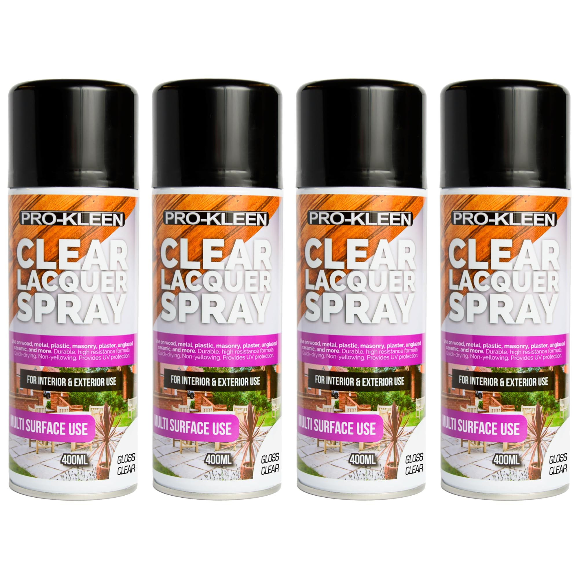 Pro-Kleen Clear Lacquer Spray Gloss - Protects & Seals, for Metal, Wood, Plastics, Ceramics, Fast Drying Formula for Interior and Exterior Surfaces, Durable, Flexible, 4 x 400ml