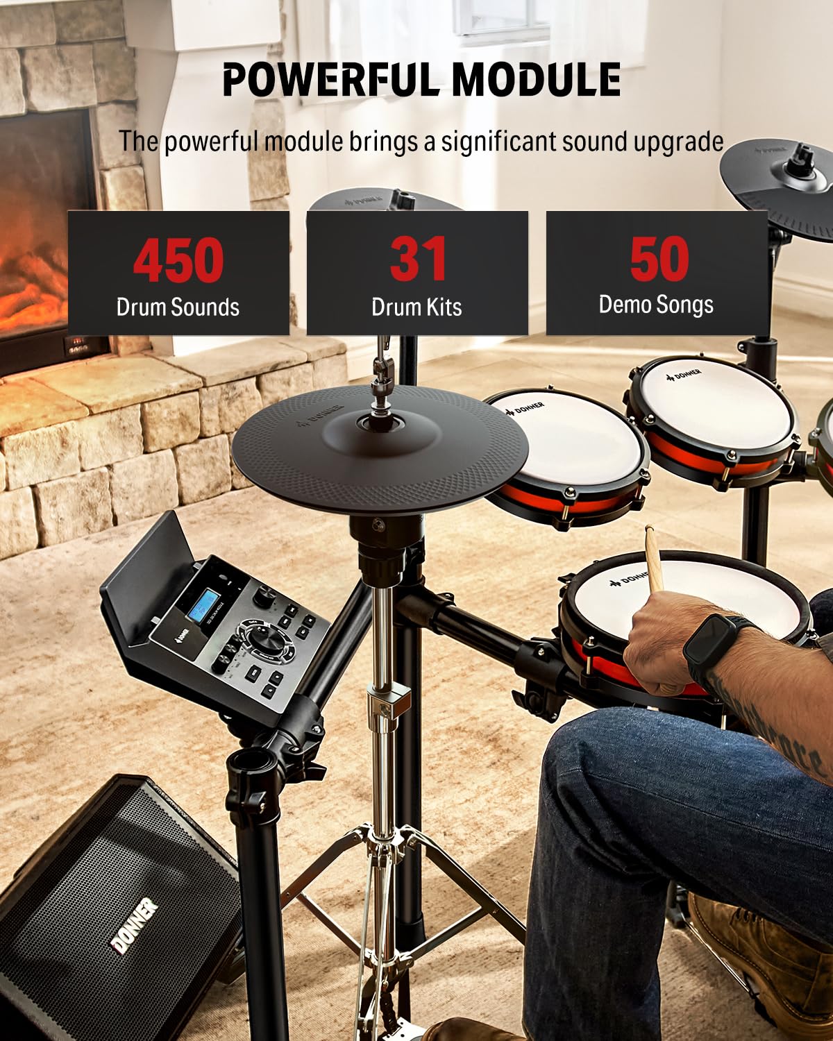 Donner Juego de batería eléctrica, DED-200 Pro batería electrónica con Hi-Hat independiente, caja de malla de doble zona de 10 pulgadas y tambor de patada independiente para batería avanzada, 5