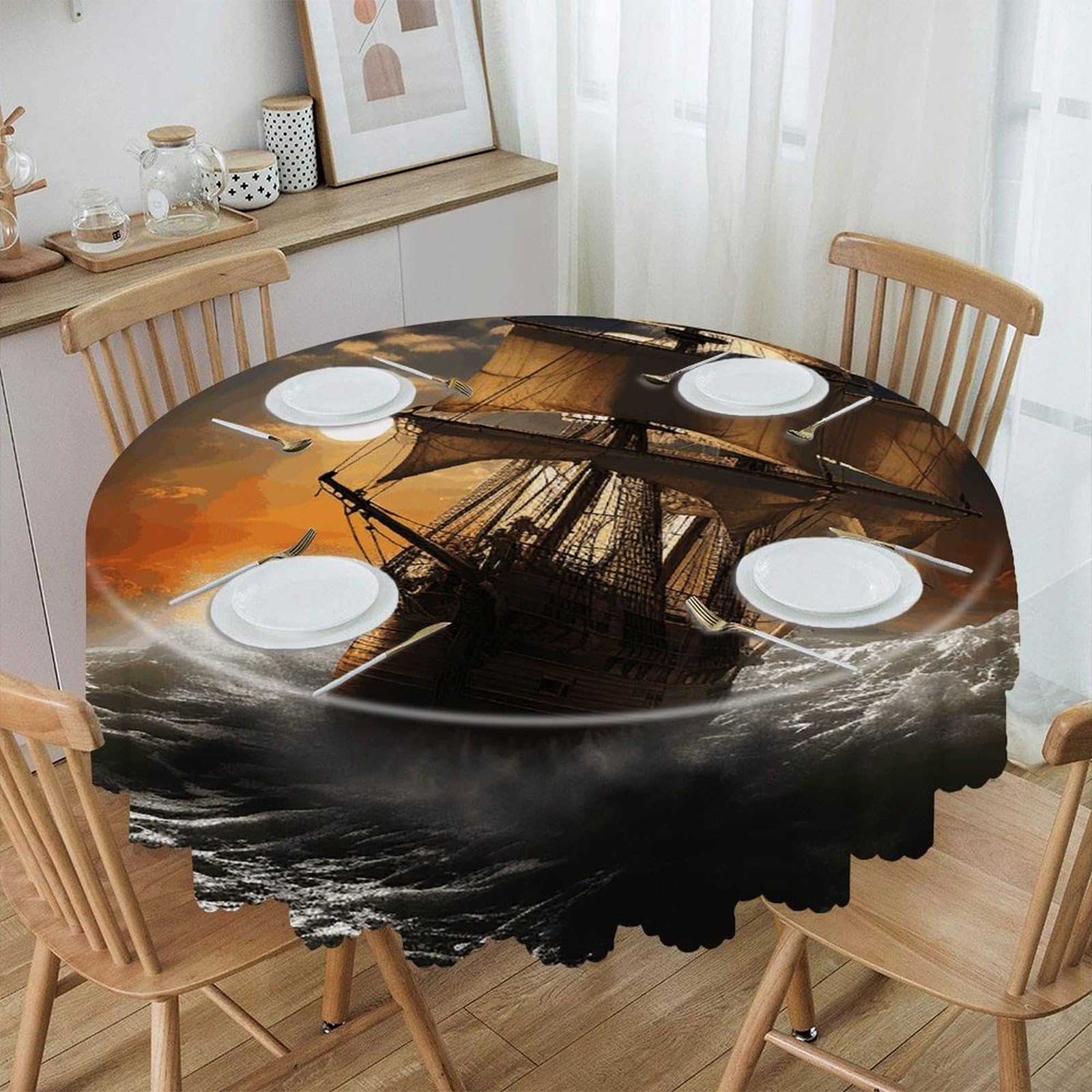 VstaDank Sailing Ship in Storm Round Tablecloth Premium Polyester Table Cloth Heavy Duty Washable Fabric Tablecloth Waterproof Holiday Table Cover Decorative Tablecloths for Dining 60"