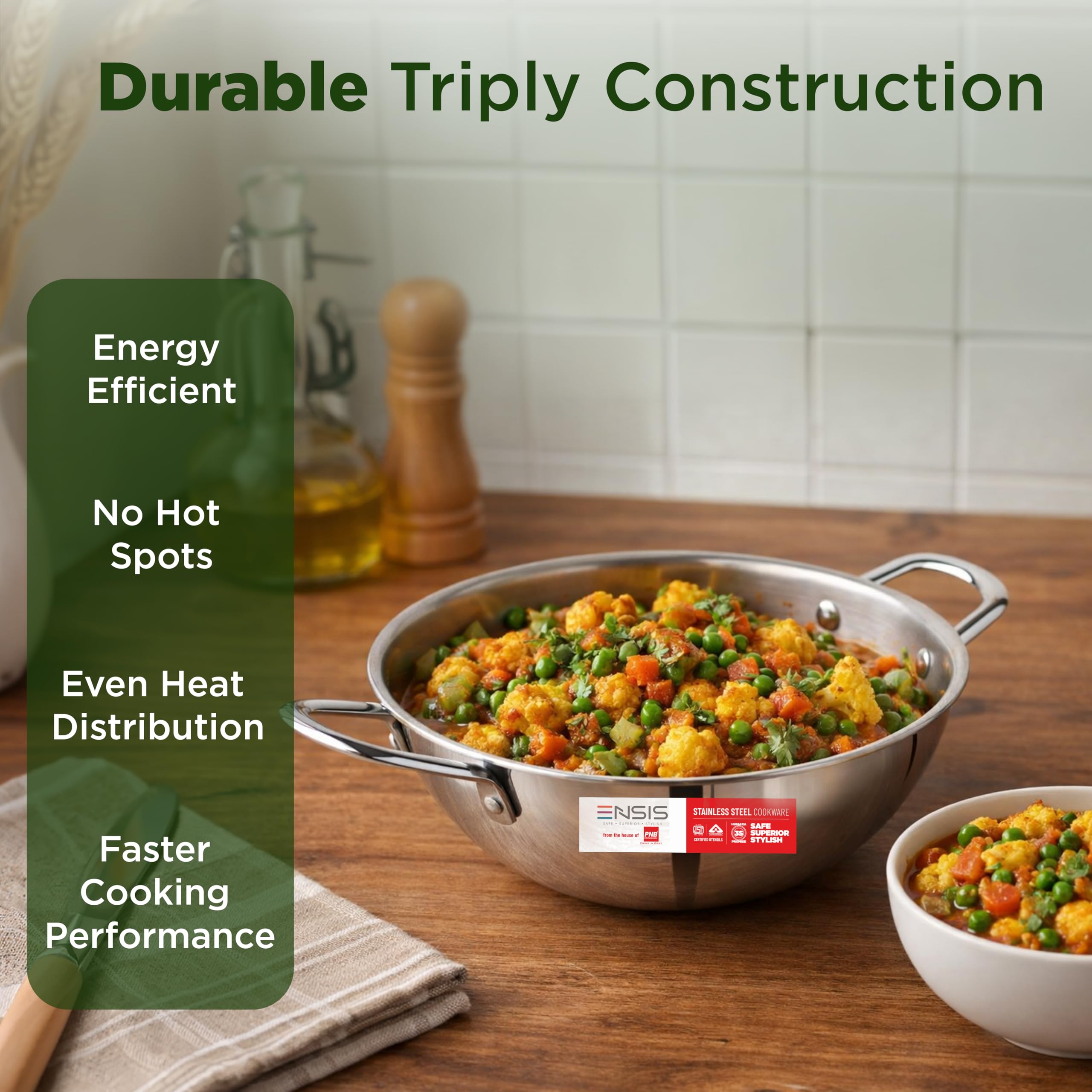 ENSIS Triply Stainless Steel kadai | Induction Compatible triply kadai with lid | Stainless Steel cookware | Try ply cookware for Indian Cooking |Dishwasher Safe|5 Year Guarantee (22 cm) — Amazon image 5