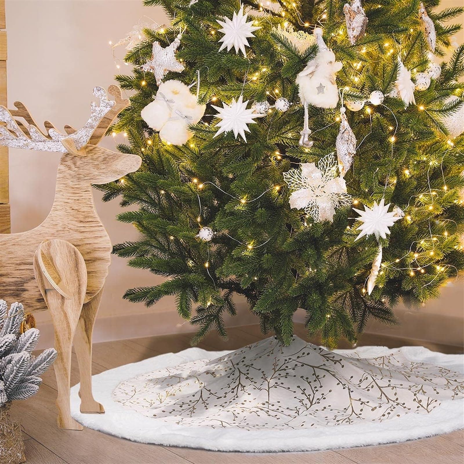Tappeto Albero di Natale, Gonna per Albero di Natale da 48 Pollici con Bordo in Peluche in Pelliccia Sintetica per Decorazioni per La Casa, Feste Festa Forniture(Gold+White)
