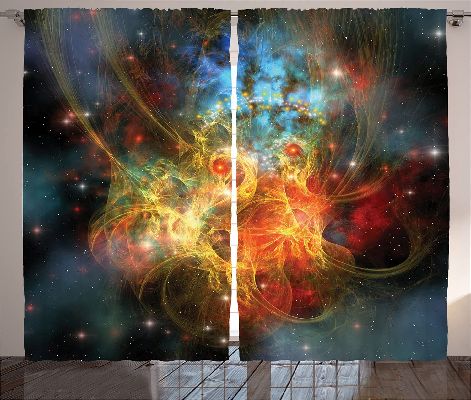 AmbesonneOuter Space Curtains, Cartoon Nebula Gas Expanse Outer Space Universe Matters in Astral Zone, Living Room Bedroom Window Drapes 2 Panel Set, 108" X 84", Orange Teal