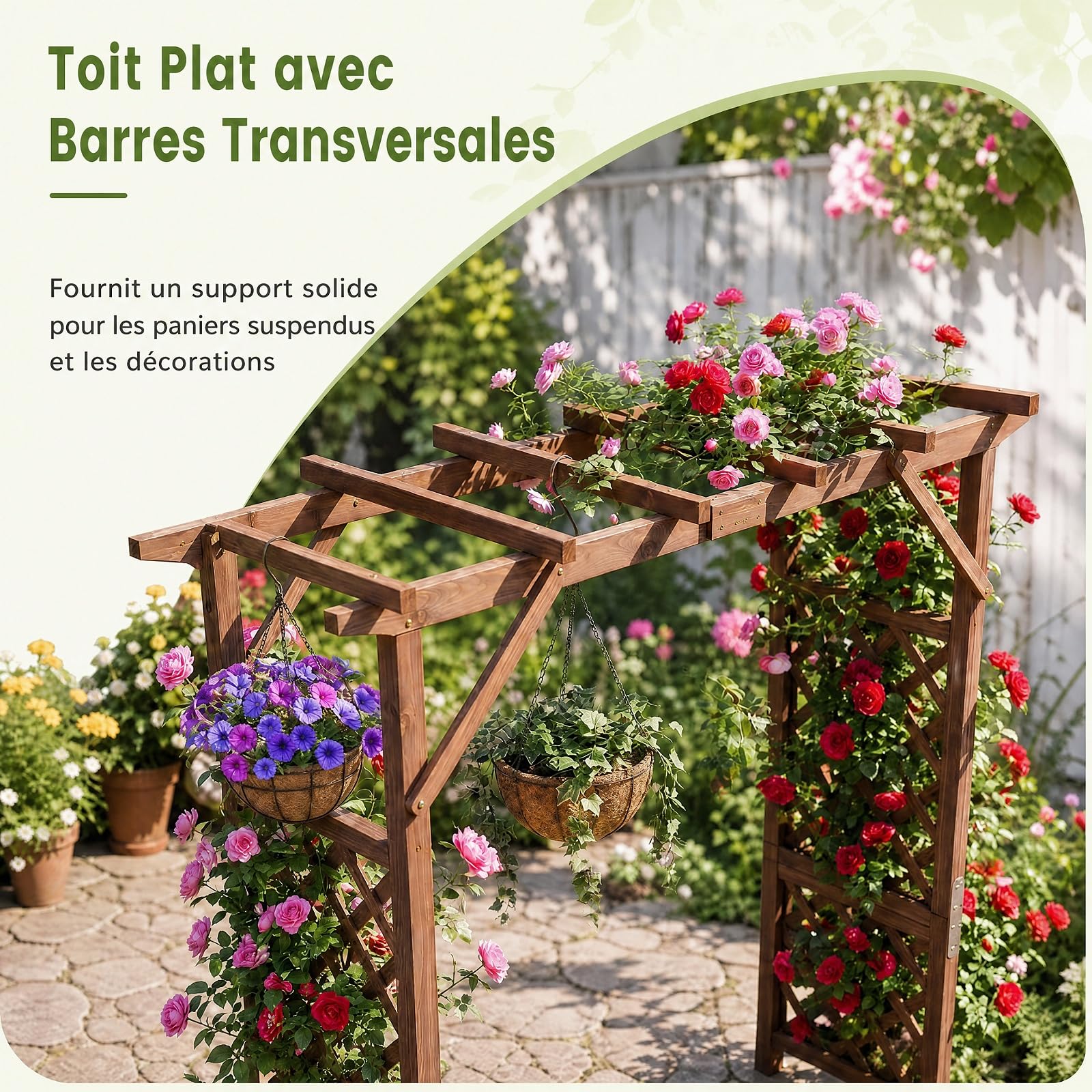 GYMAX Arche de Jardin en Bois avec 2 Bacs à Fleurs pour Plantes Grimpantes
