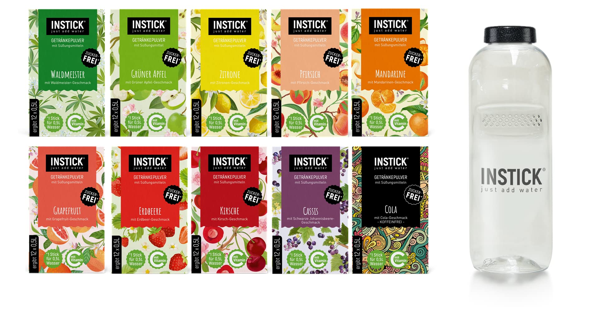 INSTICK Bevanda istantanea senza zucchero (Bundle S Classico + Borraccia Tritan 1L) 10x12 stick – per 0,5–1 l – Vegana, con vitamina C, a basso contenuto calorico