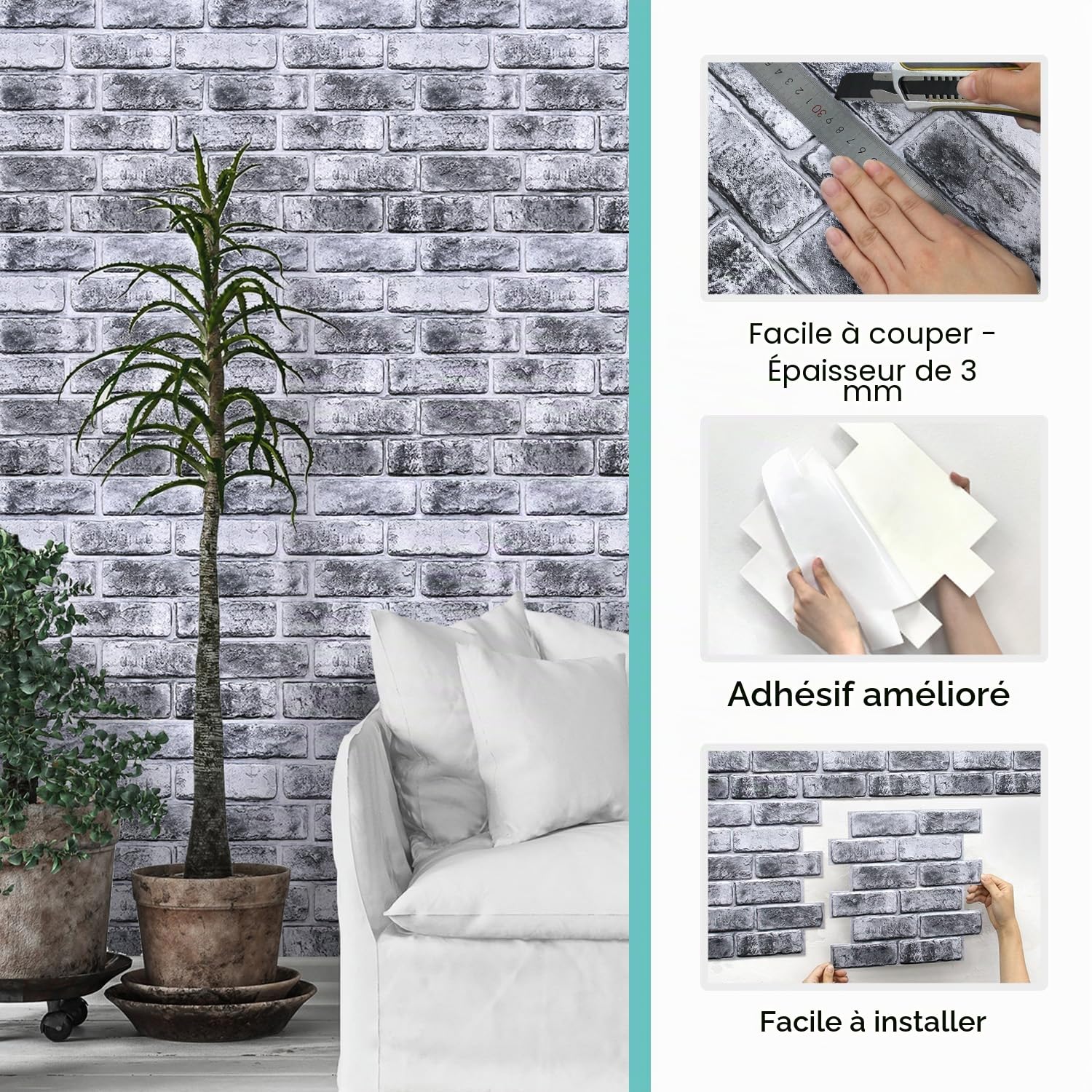 Commomy Panneaux Muraux 3D Fausse Brique Murale, Panneau Mural Décoratif Revêtement Mural, 10 Pièces, 30x30 cm, Dalle PVC Adhesive Murale Pour Salon Chambre à Coucher Cuisine Décoration Intérieure