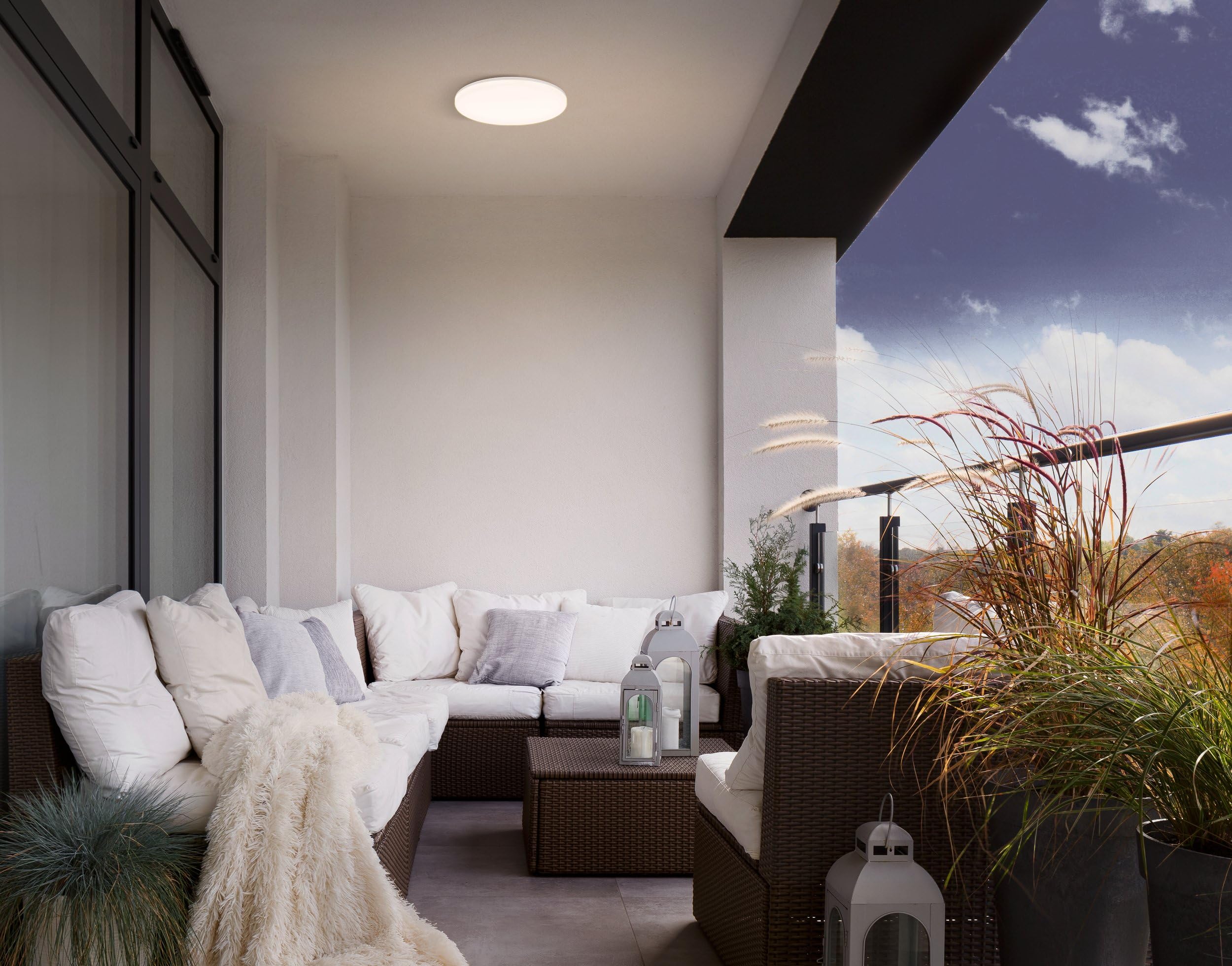 EGLO LED Deckenlampe außen Castagneto Bewegungssensor Outdoor Deckenleuchte IP54 Kunststoff Weiß Ø 31 cm