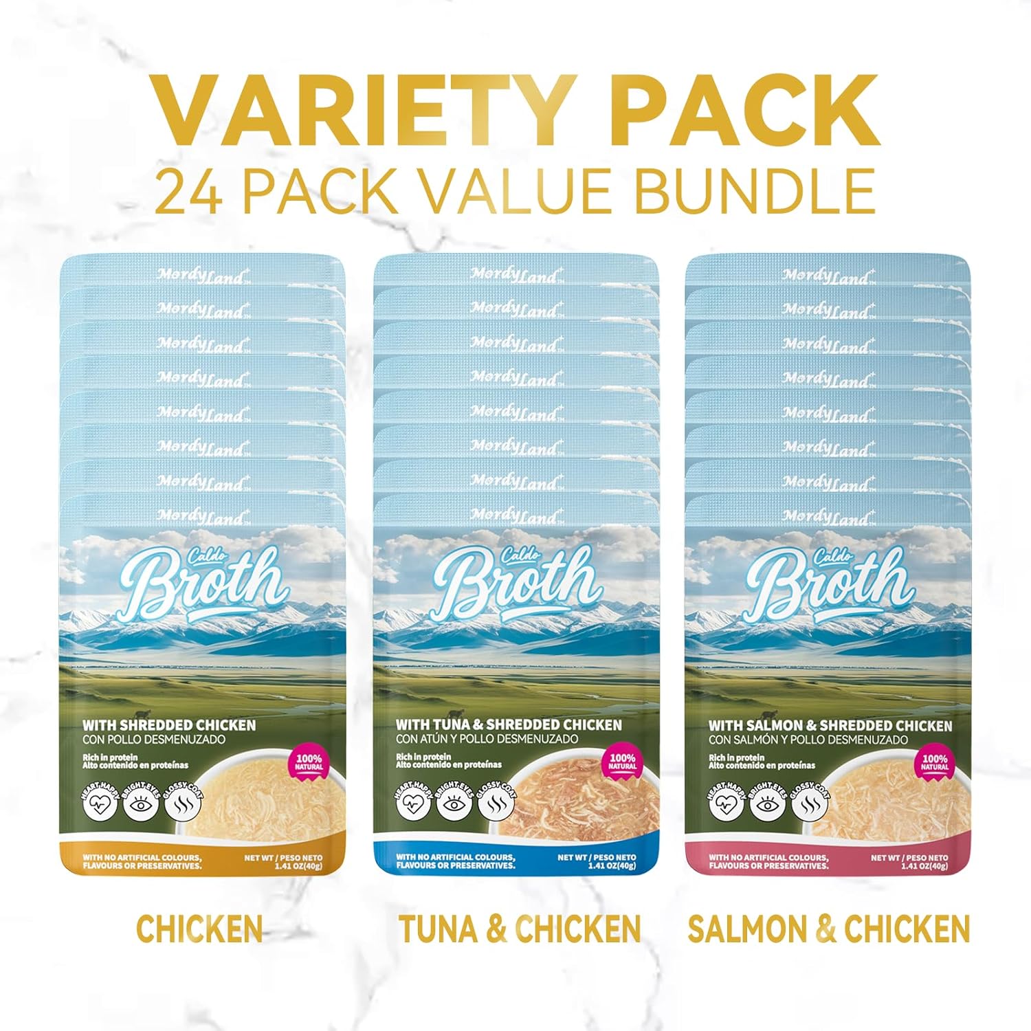 Shredded Chicken in Broth – High-Protein Grain-Free Lickable Cat Food Topper, Chicken & Seafood Variety Pack, 24 Pouches (1.41 oz Each) (48)