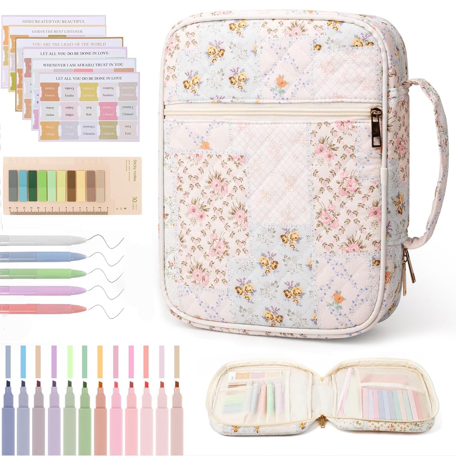 Housse de Bible pour Femmes Grande avec Organisateur, Étui Quilte Motif Floral & Poignées Robustes, Kit de Journal Biblique INCL. Marqueurs & Stylos, Cadeaux Chrétiens Femmes, M Bleu - 1