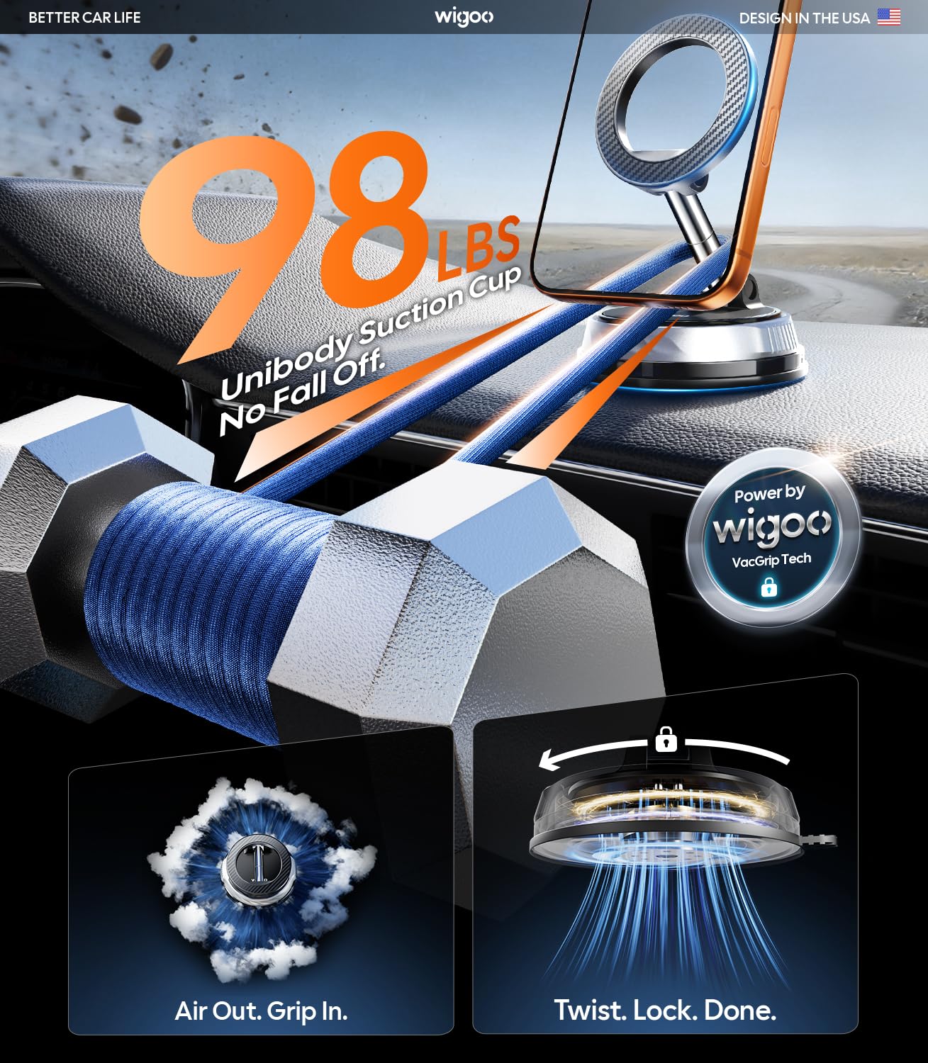 Wigoo Supporto per telefono da auto per Magsafe [aspirazione 44,5 kg e magnete 3000gf] Supporto da auto regolabile a 360°, supporto per telefono cellulare per la tua auto, per iPhone 17 Pro Max 16 15