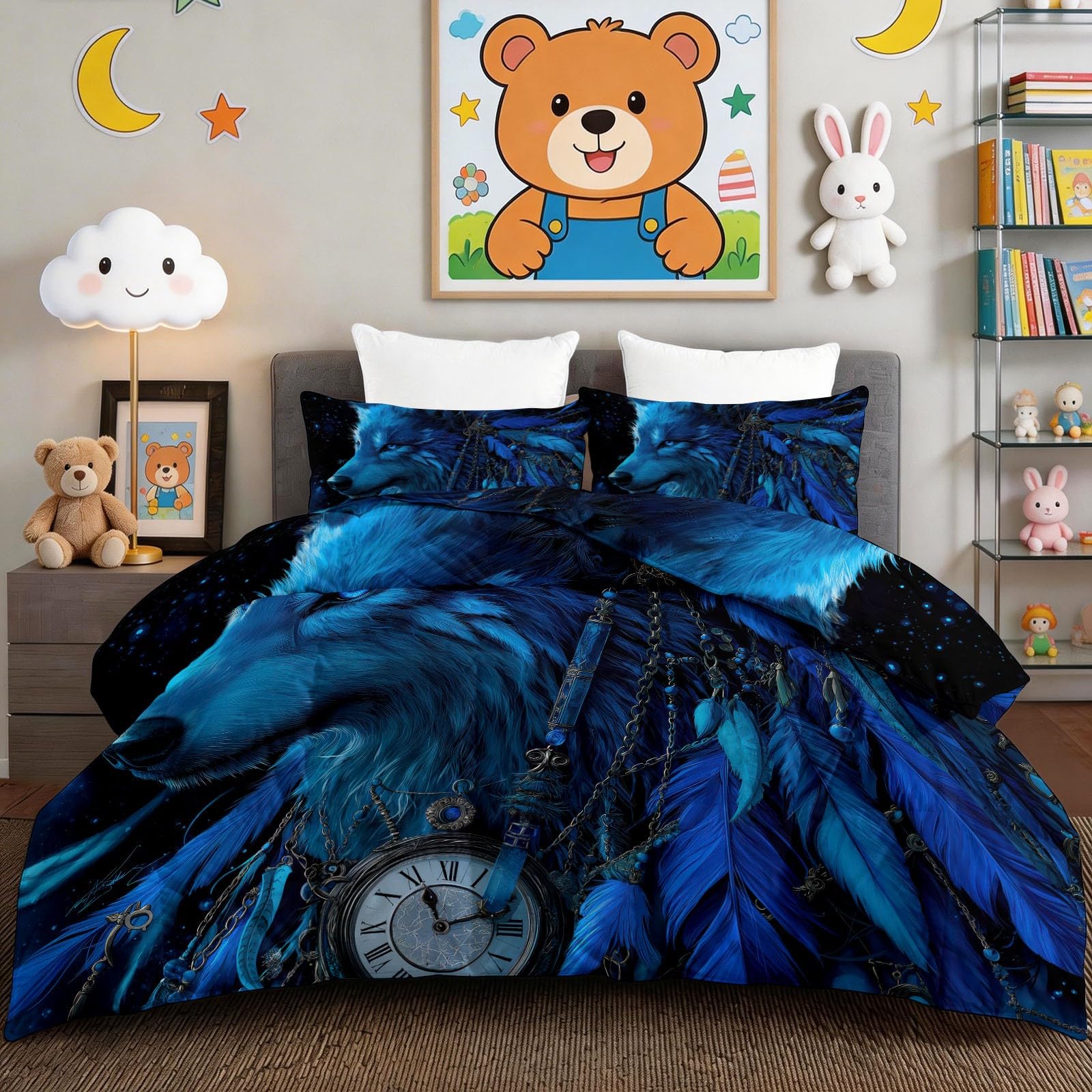 Edredón de lobo tribal de 200x200 cm con dos fundas de almohada para todo el año