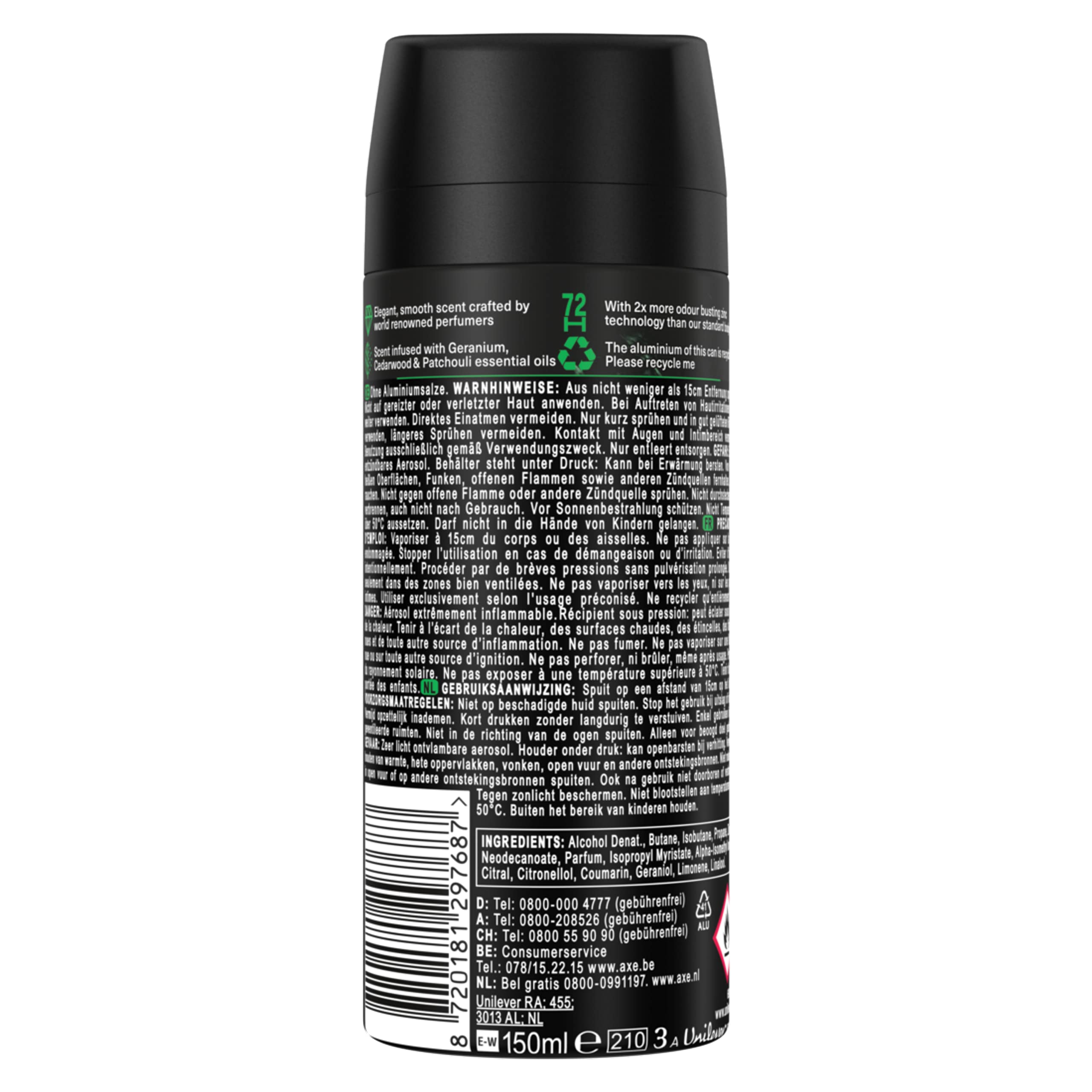 Axe Spray corporal Premium de geranio esmeralda sin sales de aluminio, 150 ml, 6 unidades