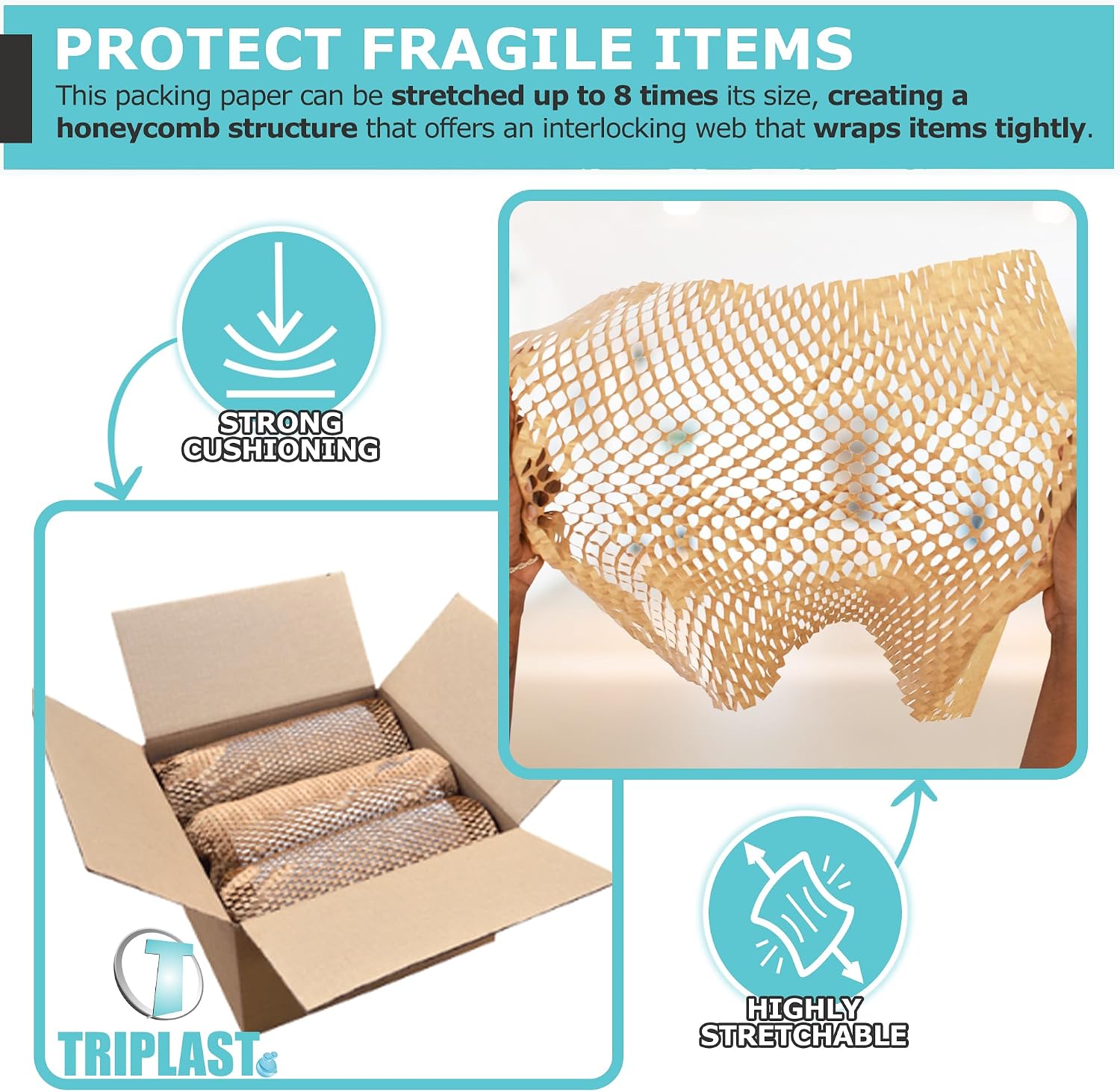 Triplast Brown ECO Honeycomb Wrapping Paper (1 Roll, 38cm x 30m) - Plastic-Free Bubble Wrap Alternative - Brown Packing Paper for Moving House - Hive Cushioning Wrap for Gifts & Fragile Items