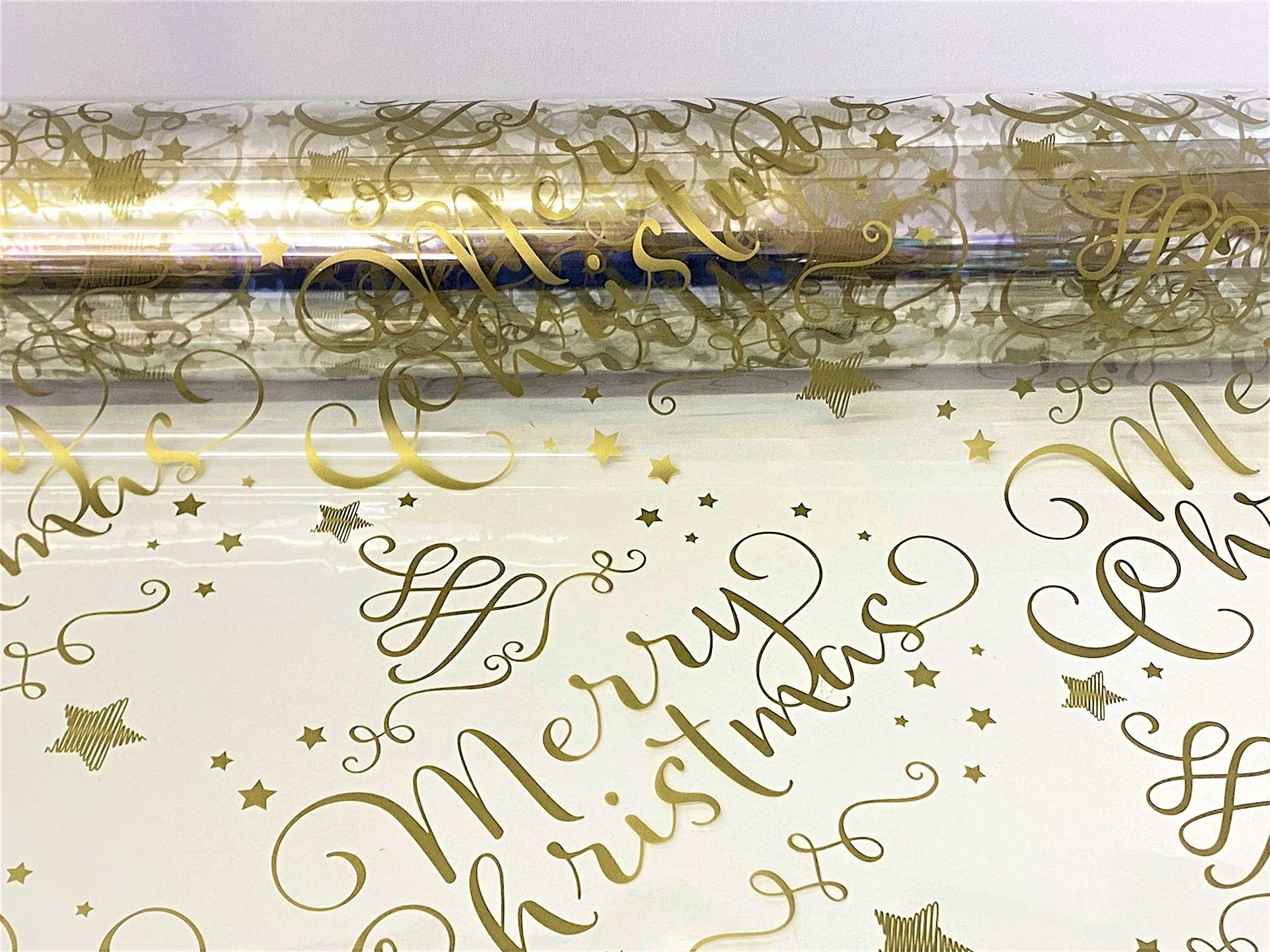 Christmas Cellophane Gold Merry Christmas Pattern 80cm Wide 20 Meters Length (Rolled)