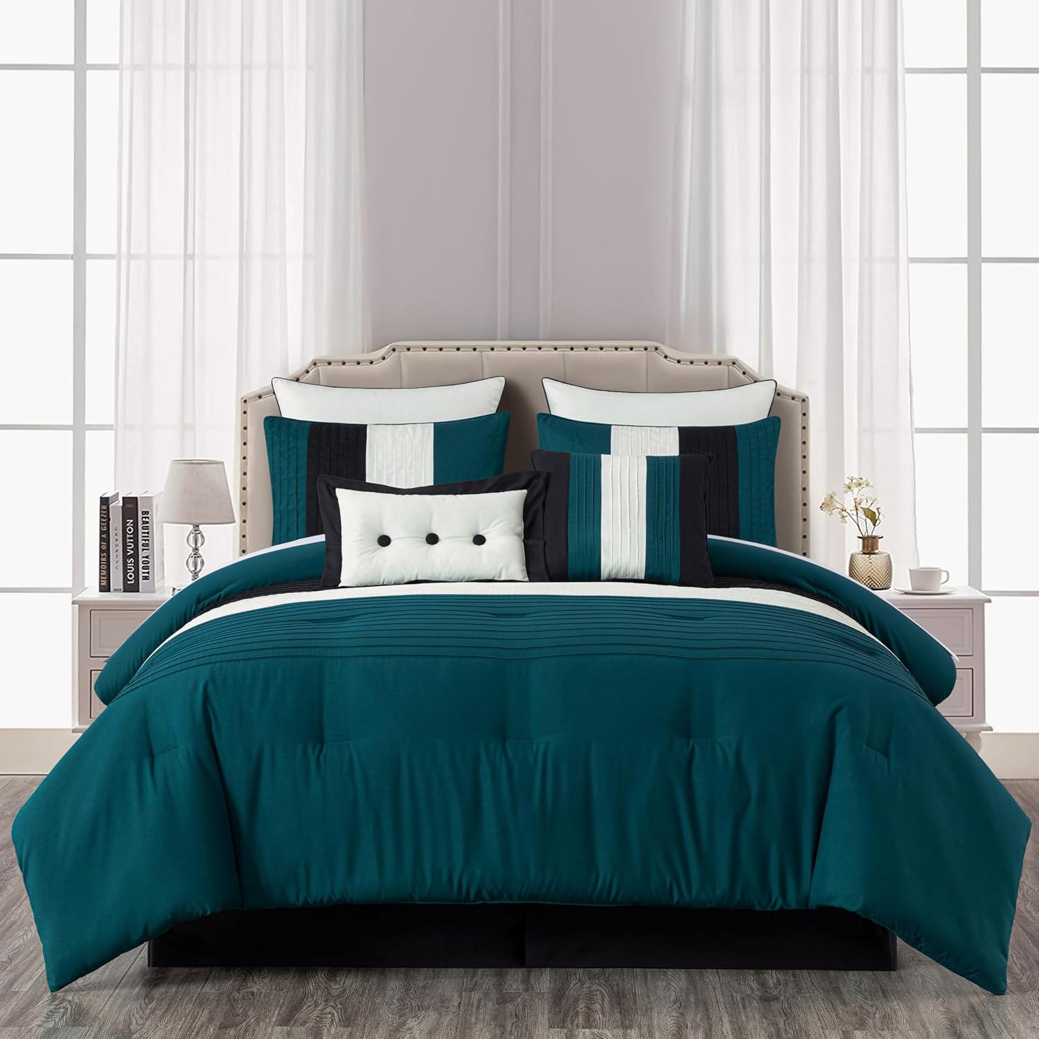Chezmoi Collection Loft 8-Piece Queen Comforter Set, Teal/Black/White Luxury Striped Bedding for All Season - Image 2