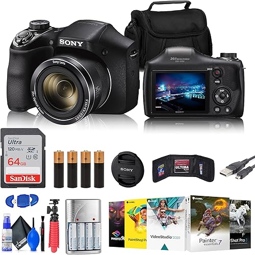 Sony Cyber-Shot DSC-H300 Cámara digital (negro) (DSCH300/B) + tarjeta de memoria de 64 GB + lector de tarjetas + software de fotos Corel + estuche +