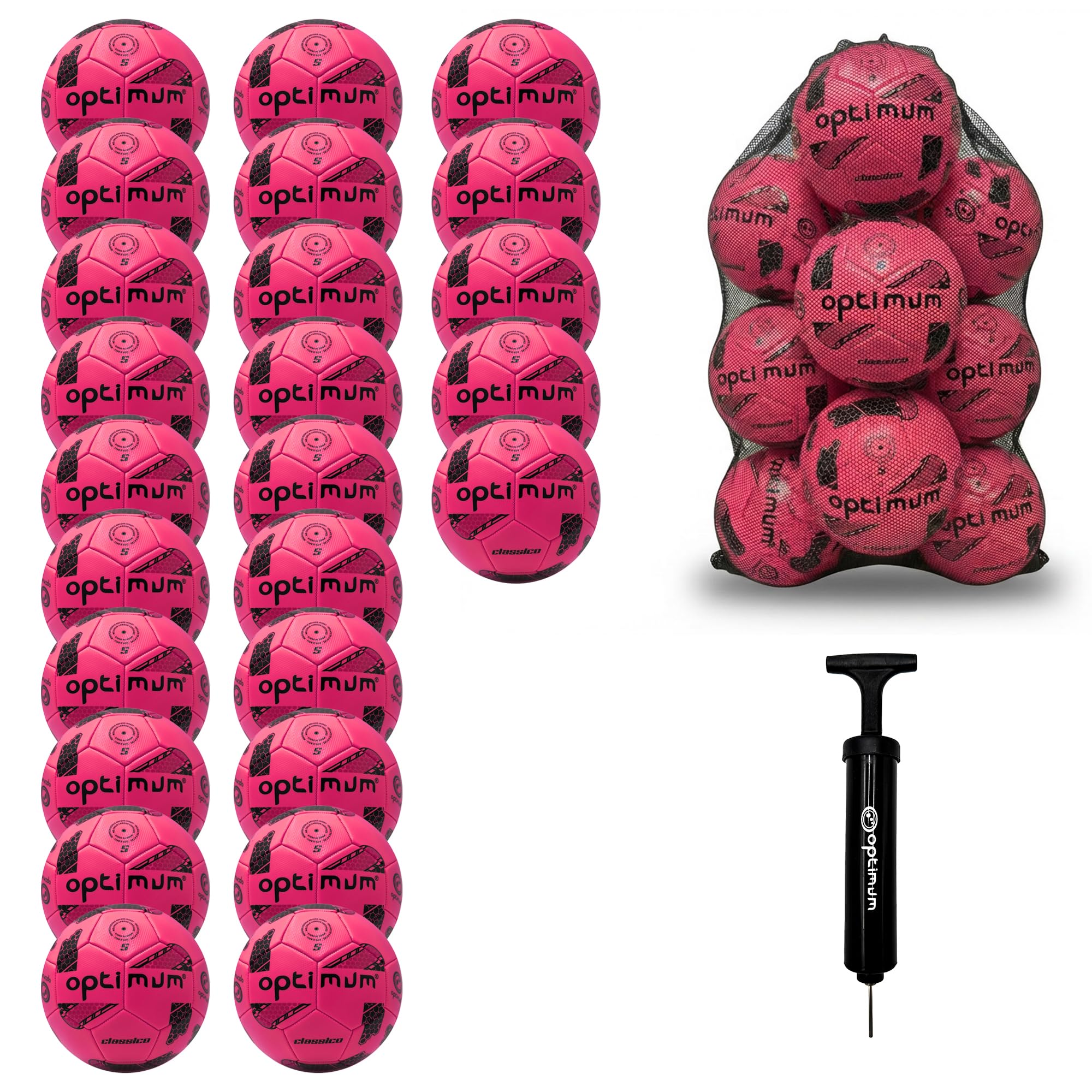 Optimum Sport Classico Football Bulk Pack with Bag & Ball Pump for Indoor/Outdoor Training & Matches, Durable Valve for Consistent Flight & Lasting Air Retention – 25 Pack, Size 4, Pink