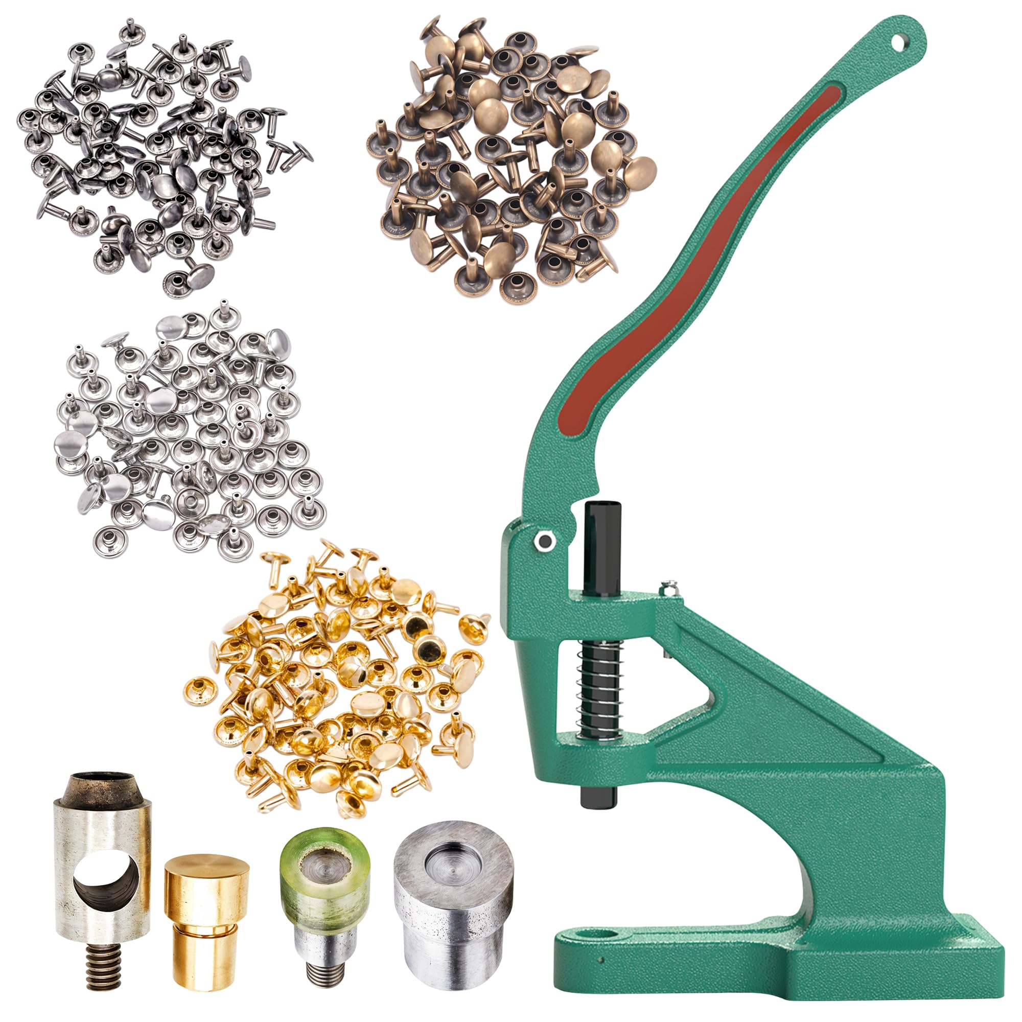 WedDecor Juego de 400 remaches de cuero de 8 mm, remaches tubulares de metal, con prensa manual de máquina verde, juego de troqueles de corte de agujeros y troqueles de fijación de remaches para