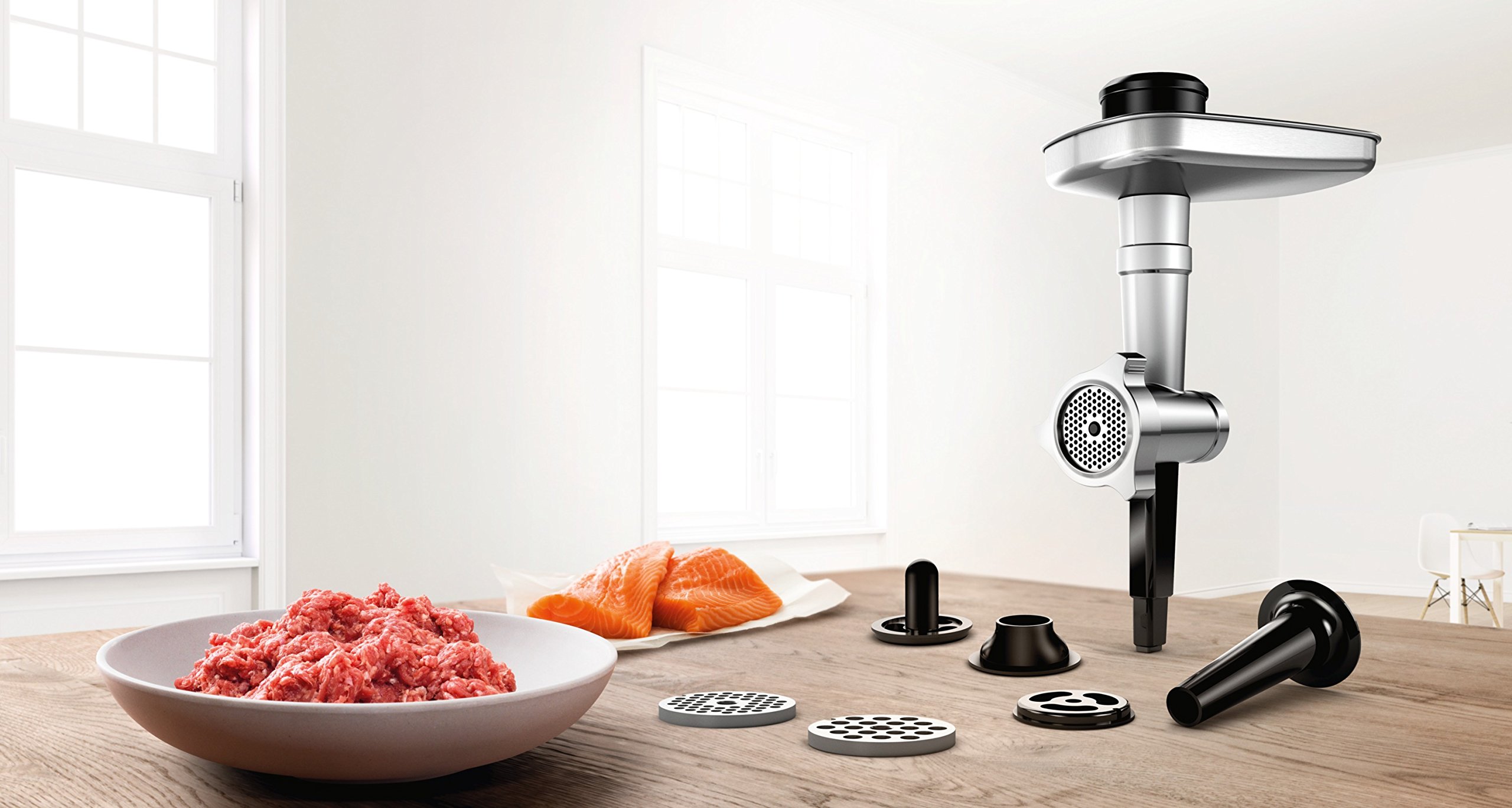 Bosch Lifestyle Zestaw myśliwski Adventure Mincer, nadziewacz do kiełbasy, Kebbe, krążki otworowe 3,5 – 8 mm do robota kuchennego Optimum