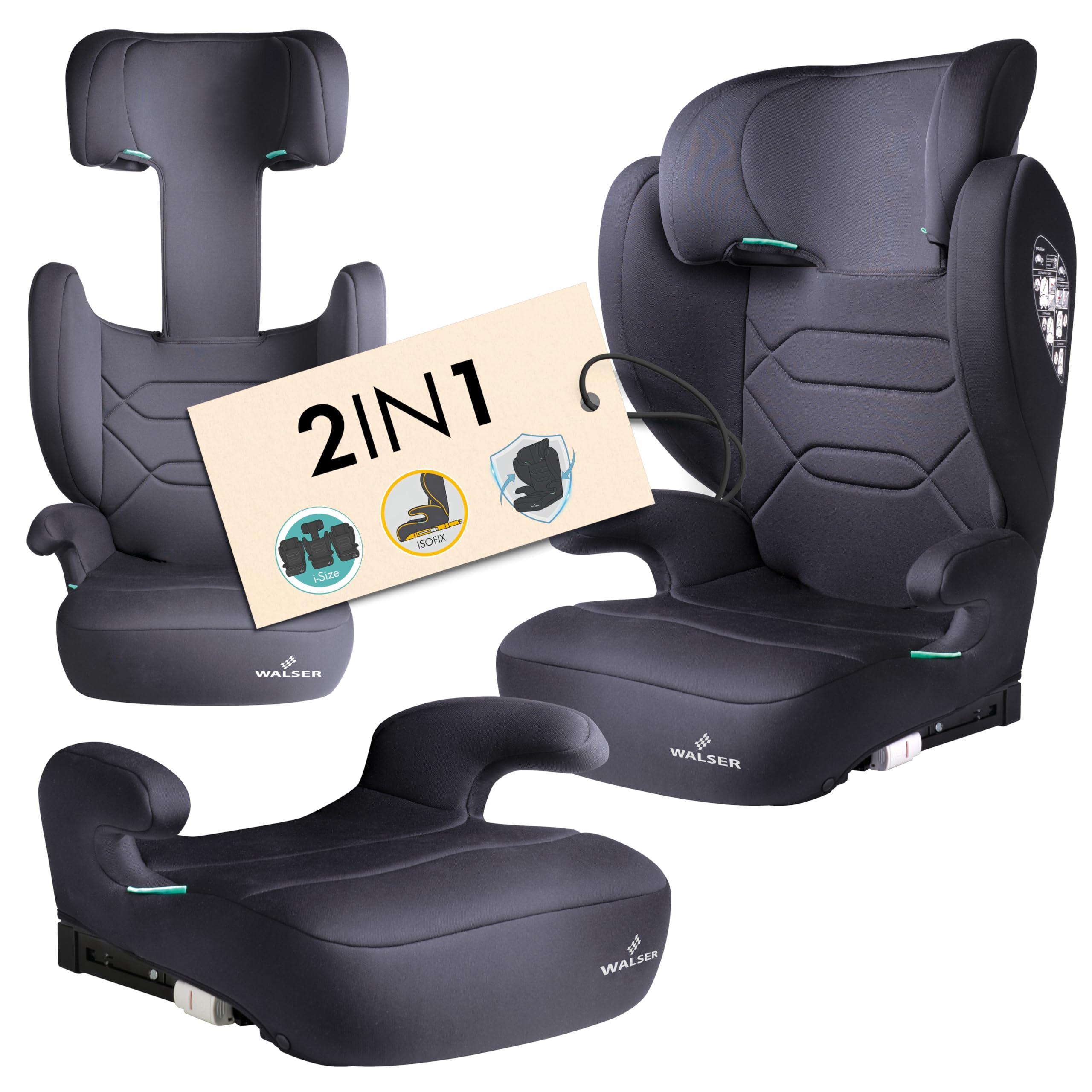 WALSER Seggiolino auto Premium Numa, rialzo bambino 2in1 ISOFIX schienale rimovibile + poggiatesta regolabile 3-8 anni 100-150 cm ultima normativa ECE R 129, rialzo auto antracite