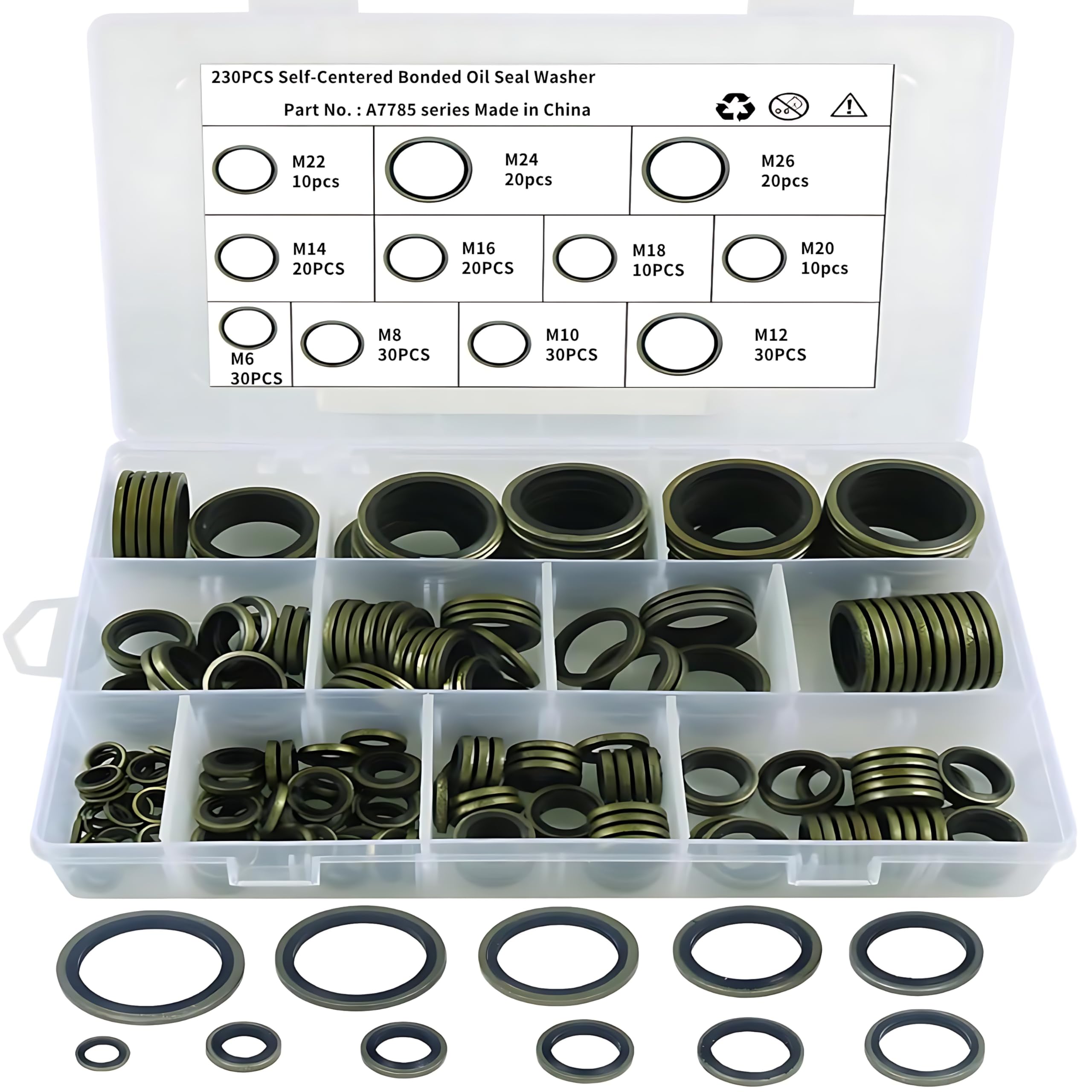 230 Stuks Oliekeerring Assortiment Kit Zelfcentrerende Metalen Rubber