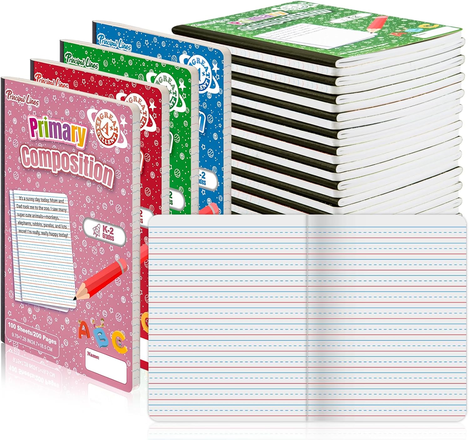 24 Pack Primary Composition Notebooks, Primary Journal Grades k-2, Writing Notebooks for Kids - Primary Ruled 200 Pages (100 Sheets) Hard Cover