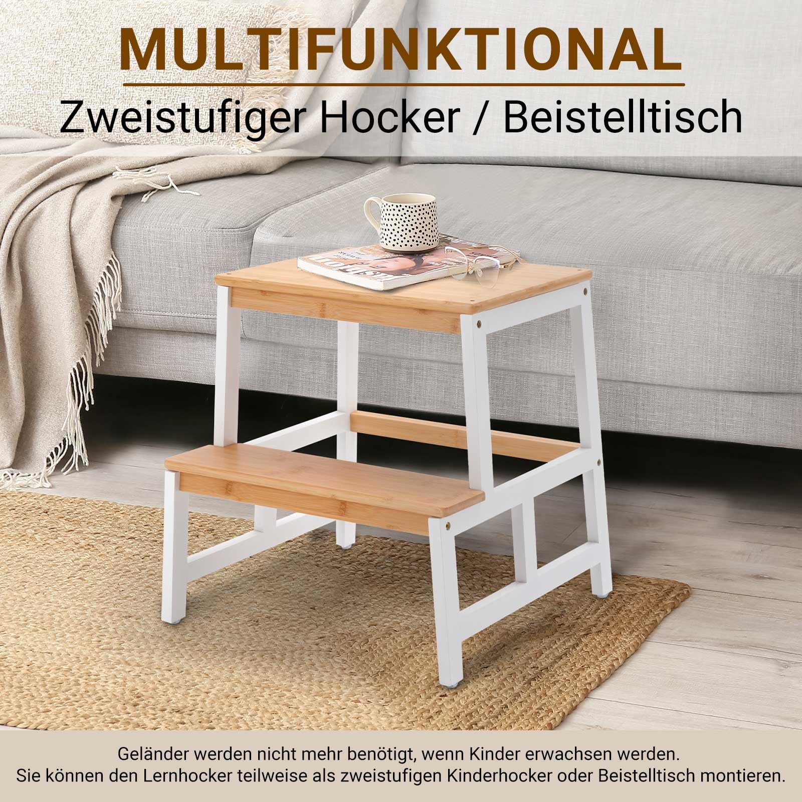 COSYLAND Montessori Leertoren voor kinderen, FSC-gecertificeerd, natuurlijk bamboe, stijlvolle kantelbescherming, leertoren, hoogste veiligheid, vanaf 1 jaar, voor keuken, tafel, badkamer (wit en