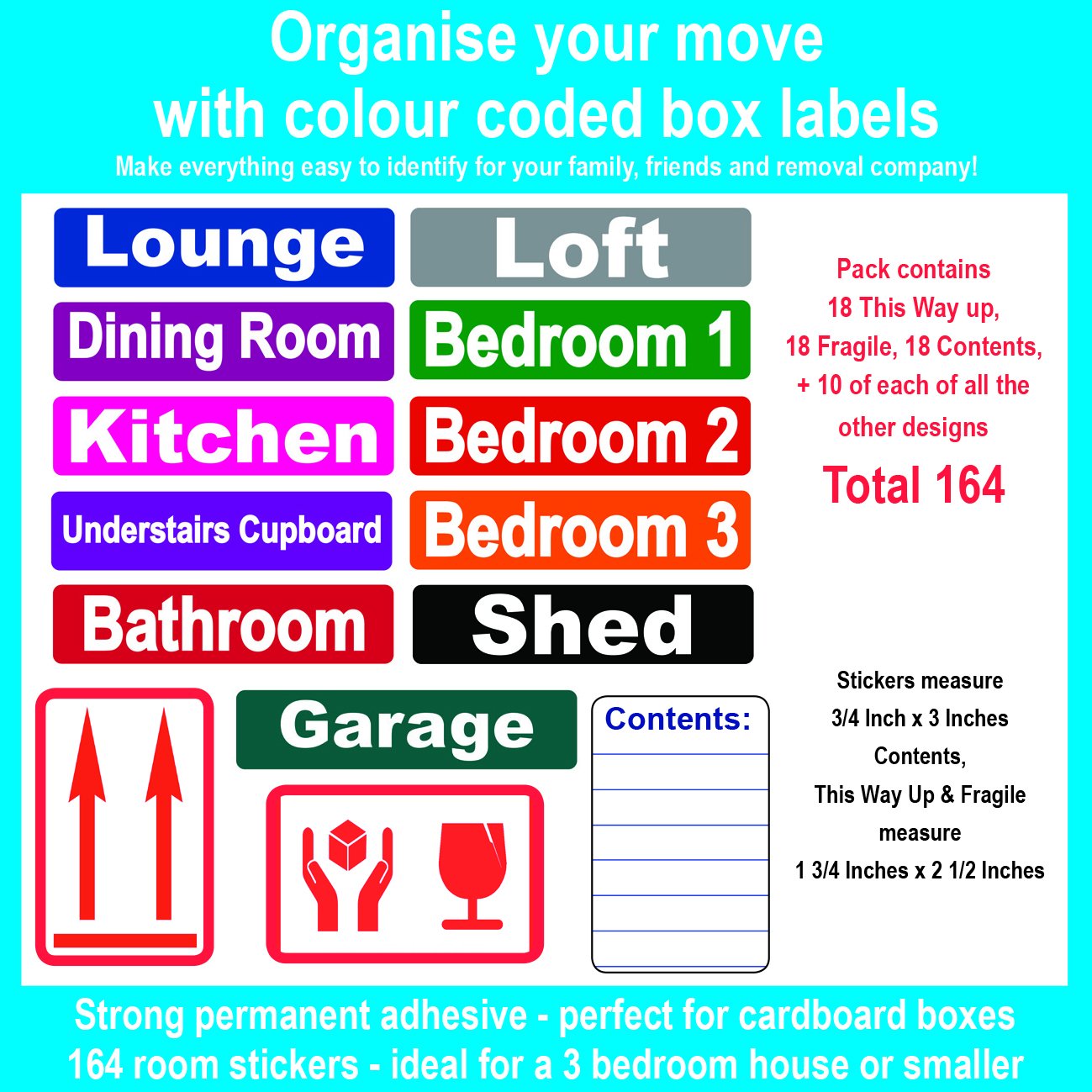 164 Home Moving Colour Coded Box Labels/Stickers - Organise Your House Move