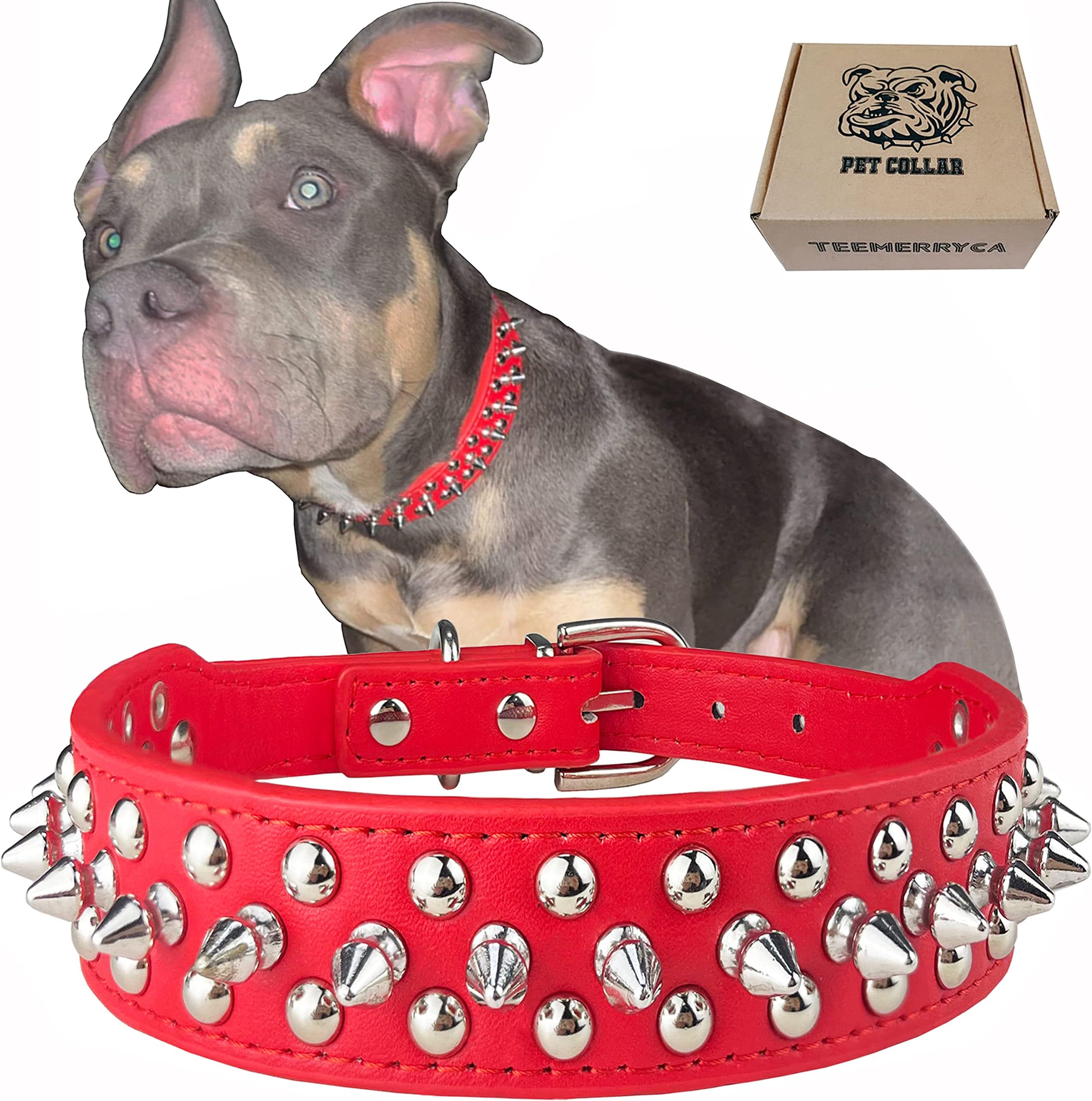 TEEMERRYCA Adjustable Microfiber Leather Spiked Studded Dog Collars with a Squeak Ball Gift for Small Medium Large Pets Like Cats/Pit Bull/Bulldog/Pugs/Husky, Red, S 10.8-13.2 inches