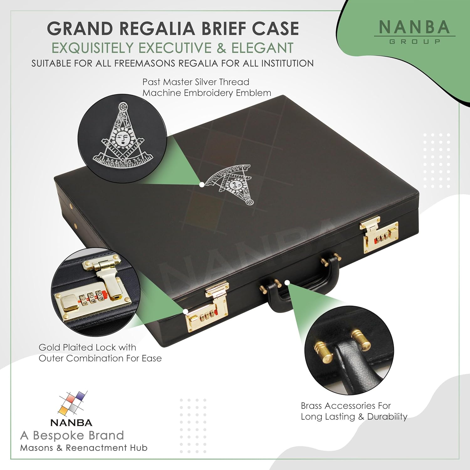 Premium Masonic Regalia Grand Apron Hard Briefcase Machine Embroidery (Silver) – Black Imitation Leather - Hard Case with Past Master Emblem | Freemason Bags & Storage Case