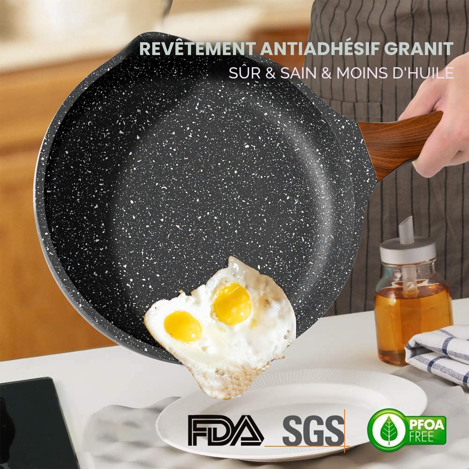 RIOVARM Induction Set de poêles avec Couvercles Antiadhésif Set de poêles à frire 20 cm 24 cm 28 cm Granit Poêle à omelette sans PFOA Marbre Batterie de cuisine avec poignée résistante à la chaleur