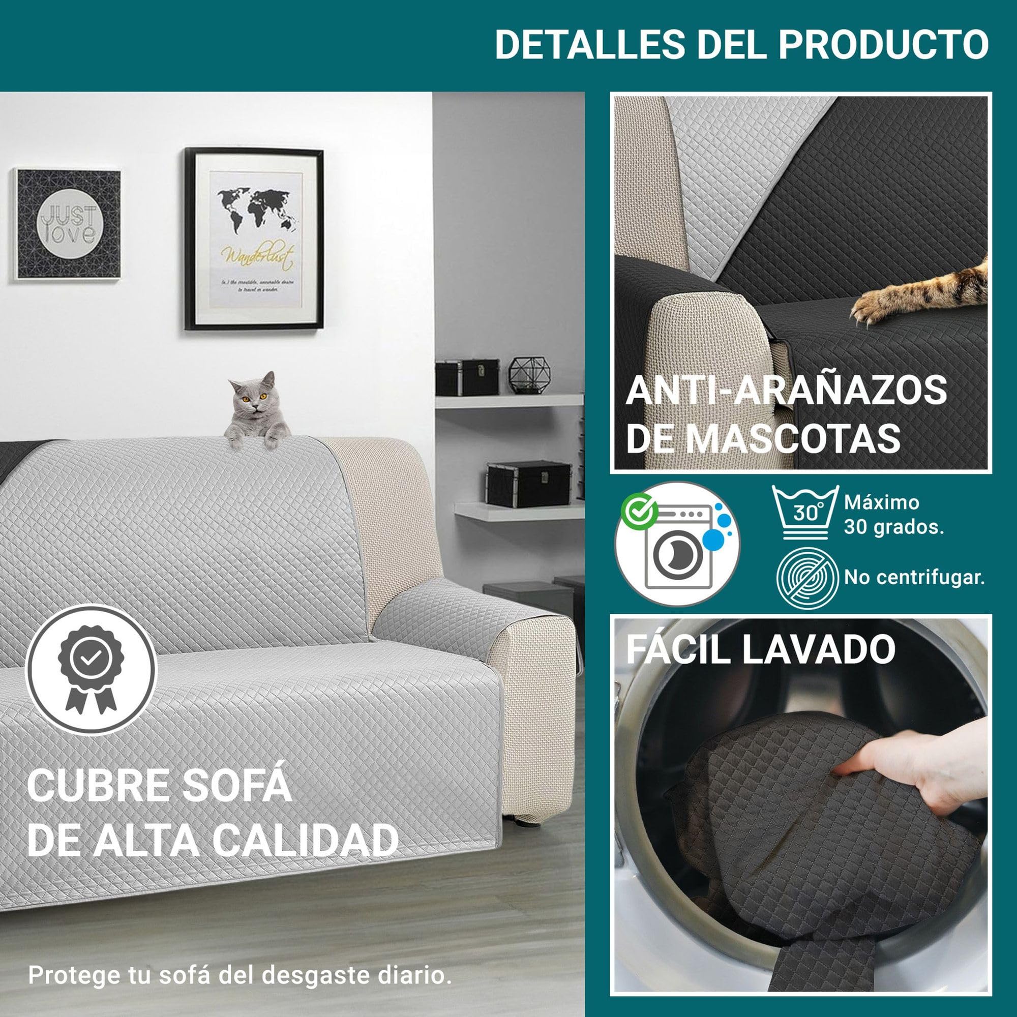 ECOMMERC3 Sofaüberwurf für 3-Sitzer, XL, extra weich, Verstellbarer Sofabezug mit Polsterung, Grau/Schwarz, Reversbile